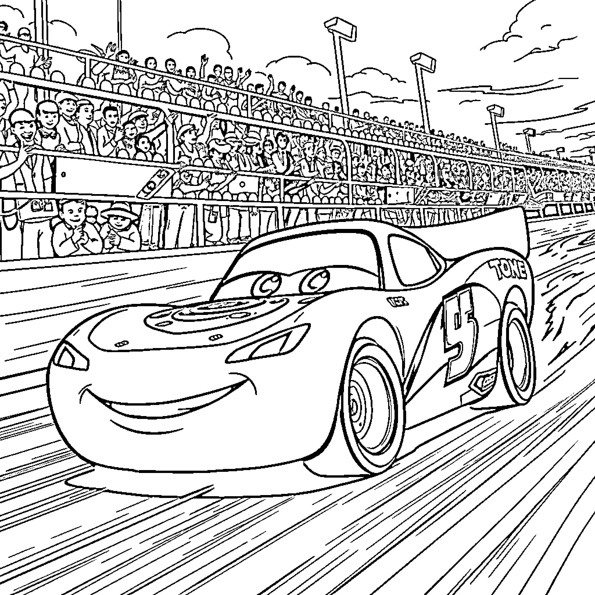 Lightning McQueen racing on the racetrack Coloring Page (free black-and-white line drawing printable PDF for all, from beginners to advanced learners, including children, teens, adults, and seniors)