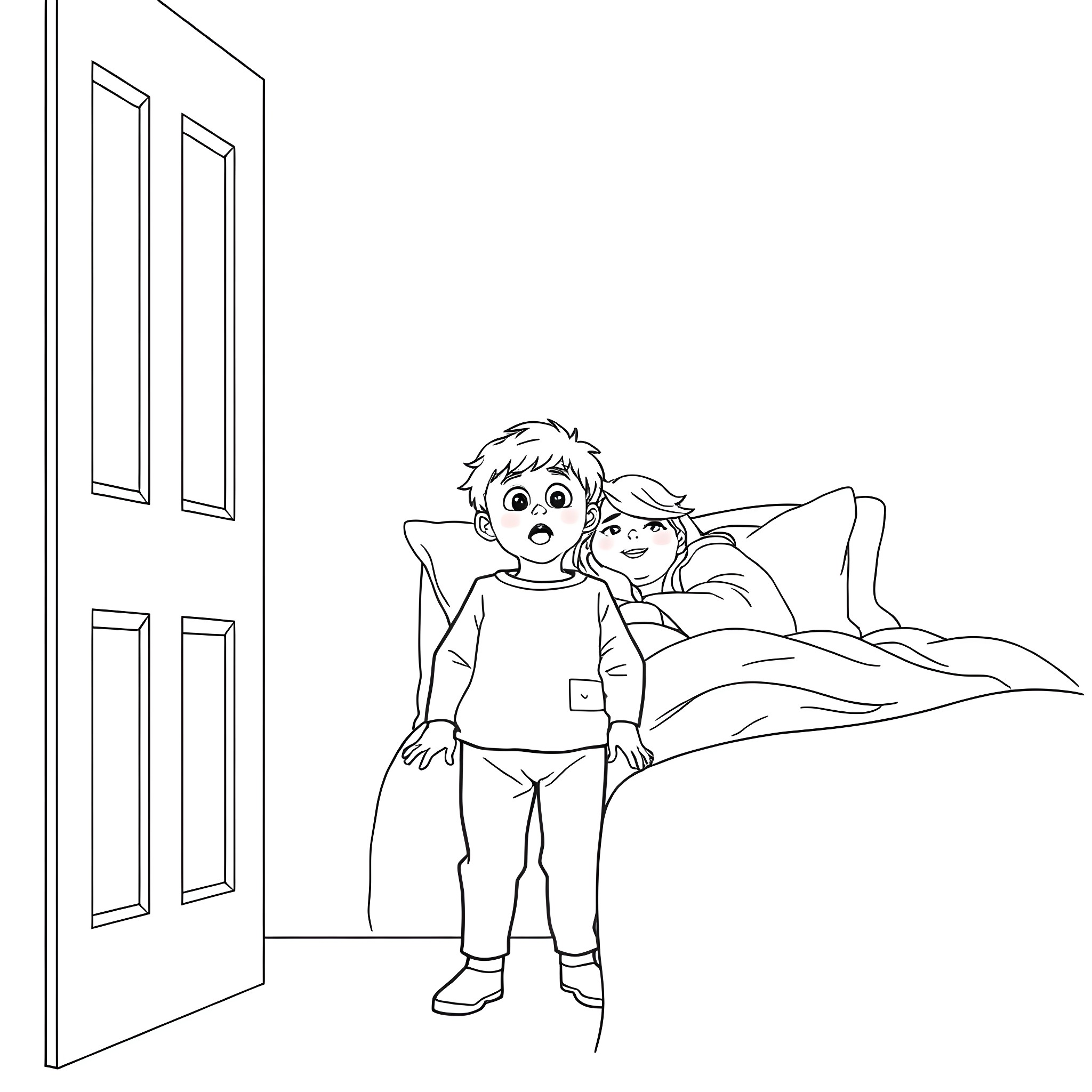 Family Having Bedtime Fun Together Coloring Page (free black-and-white line drawing printable PDF for all, from beginners to advanced learners, including children, teens, adults, and seniors)