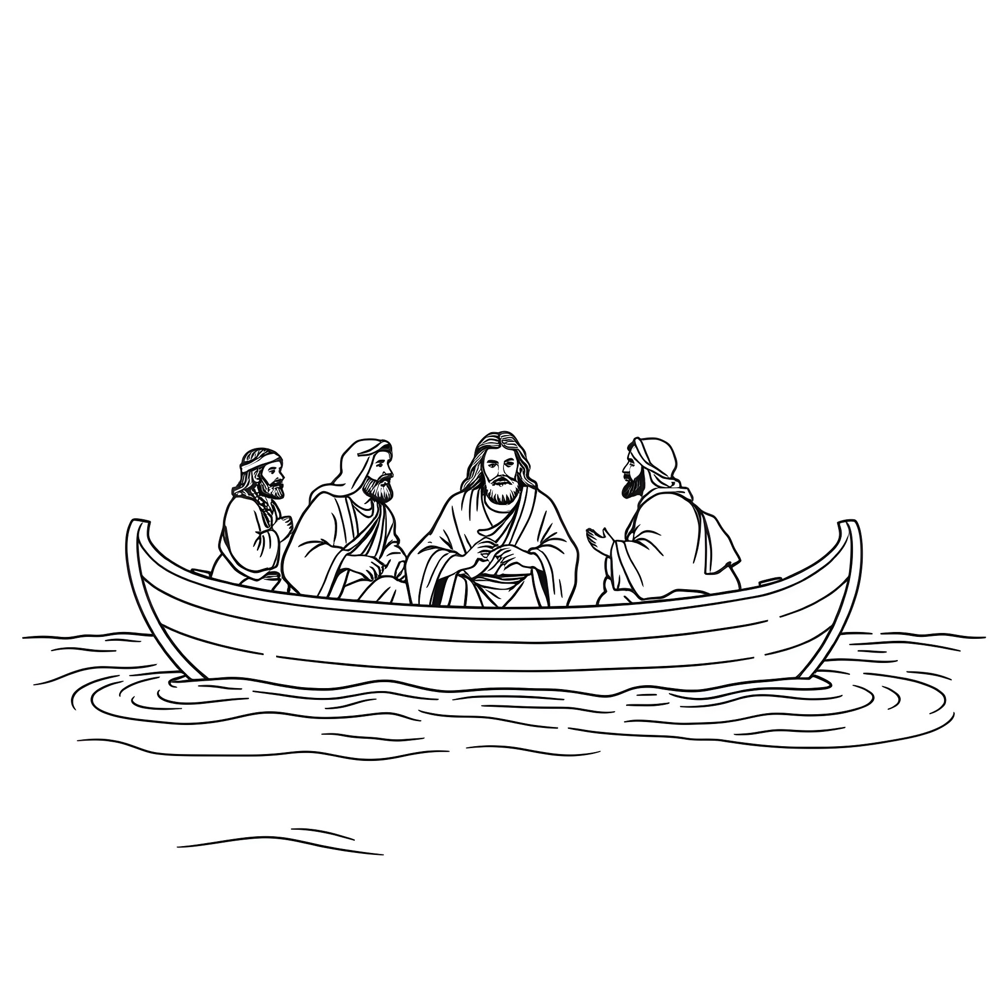 Disciple Traveling on the Boat with Jesus Coloring Page (free black-and-white line drawing printable PDF for all, from beginners to advanced learners, including children, teens, adults, and seniors)