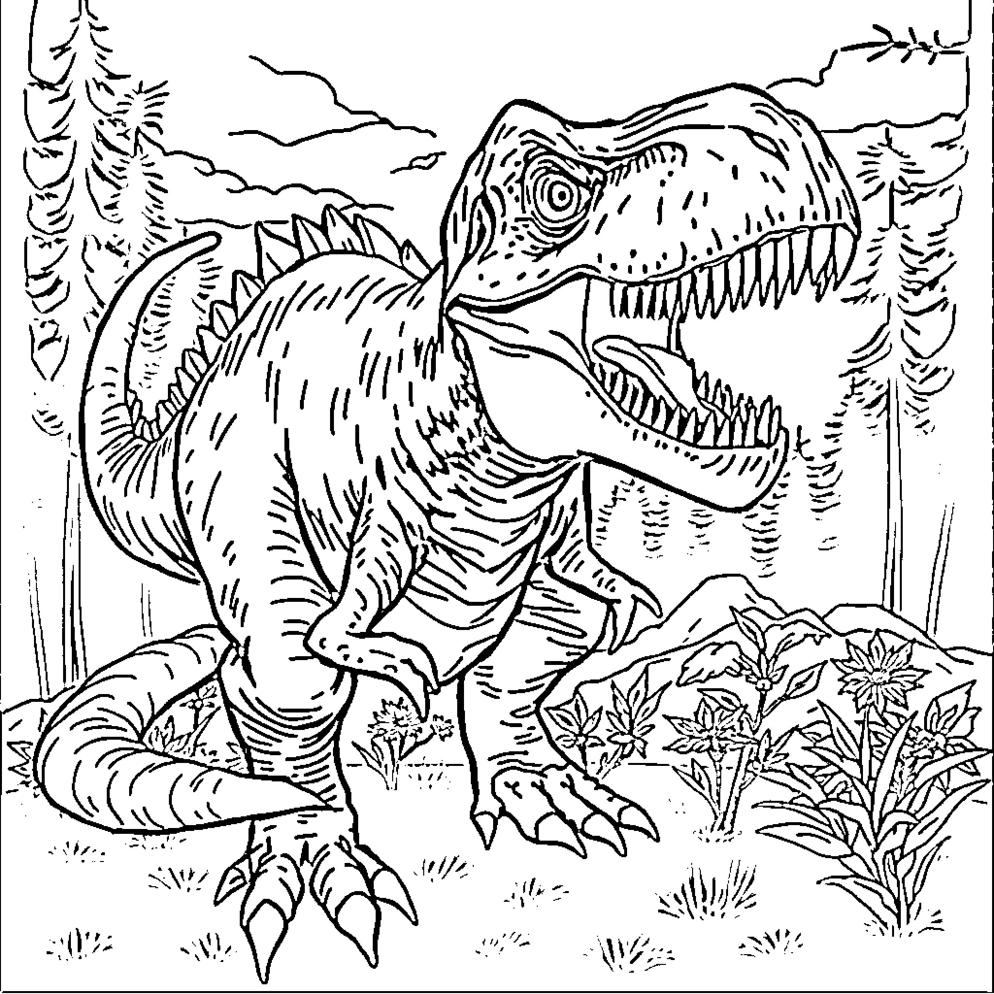Dinosaur roaring in prehistoric forest landscape Coloring Page (free black-and-white line drawing printable PDF for all, from beginners to advanced learners, including children, teens, adults, and seniors)