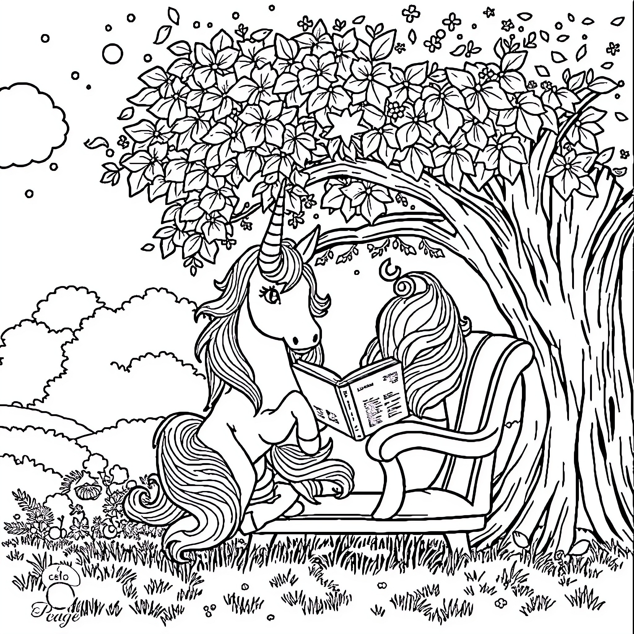 Unicorn reading a book under a blossoming tree Coloring Page (free black-and-white line drawing printable PDF for all, from beginners to advanced learners, including children, teens, adults, and seniors)