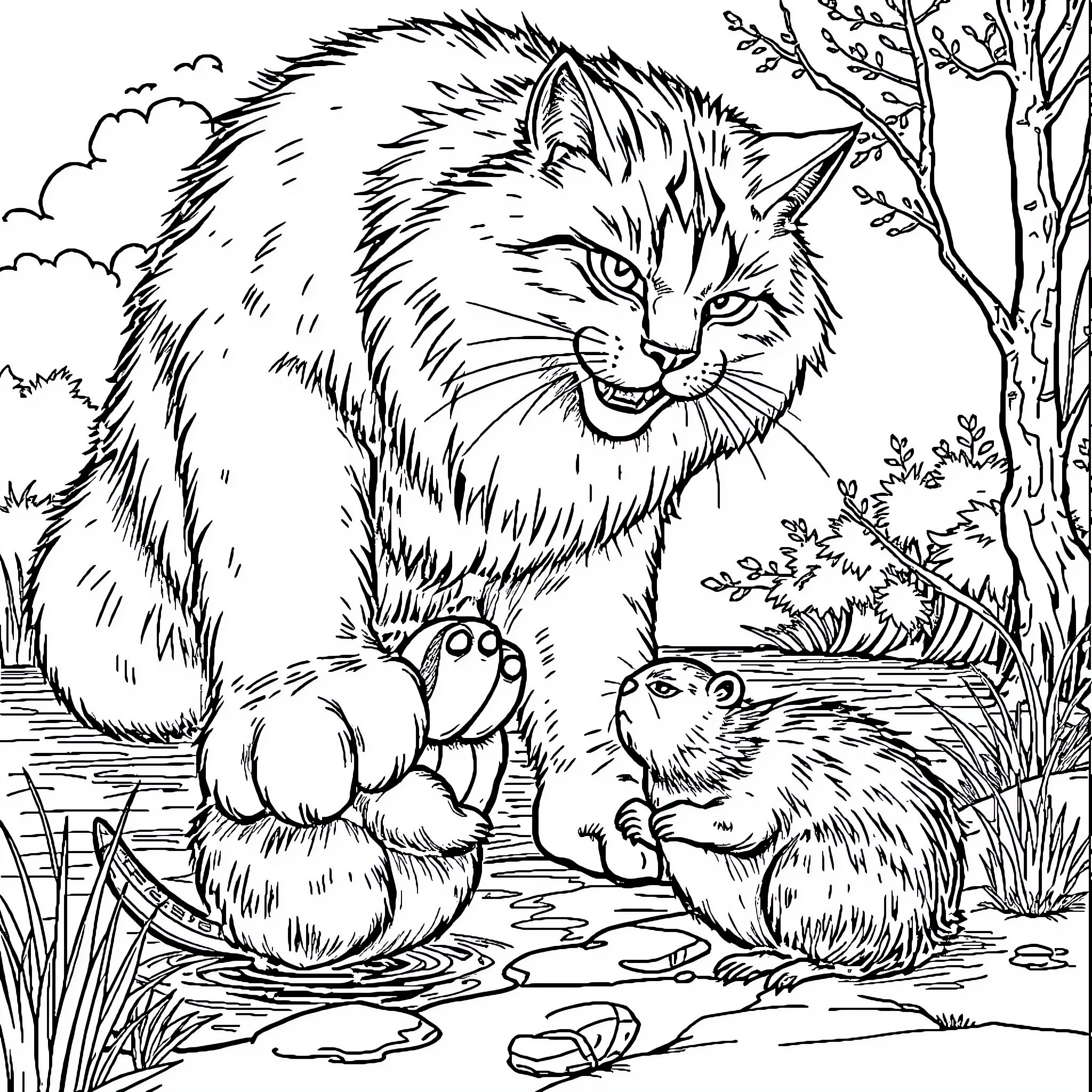 Cat and Kittens in the Forest Coloring Page (free black-and-white line drawing printable PDF for all, from beginners to advanced learners, including children, teens, adults, and seniors)