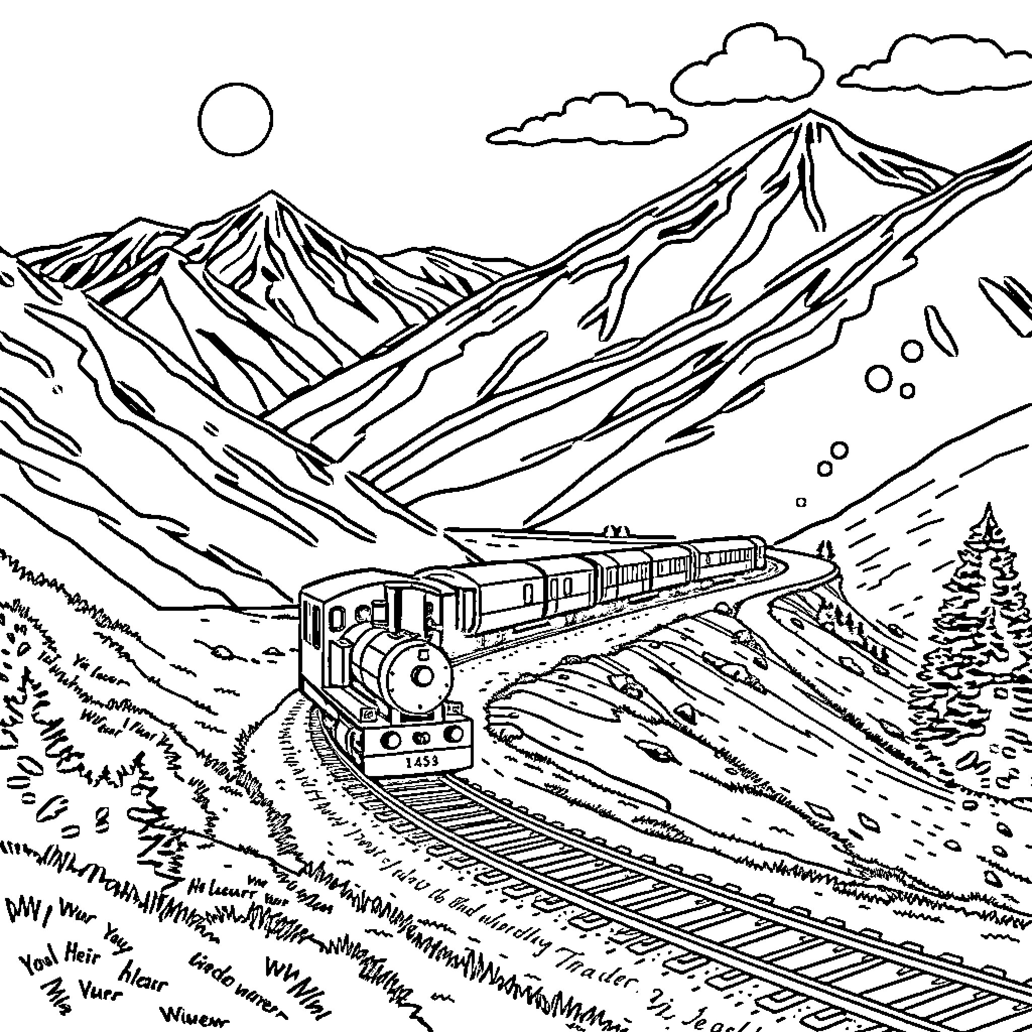 Train traversing majestic mountainous landscape Coloring Page (free black-and-white line drawing printable PDF for all, from beginners to advanced learners, including children, teens, adults, and seniors)
