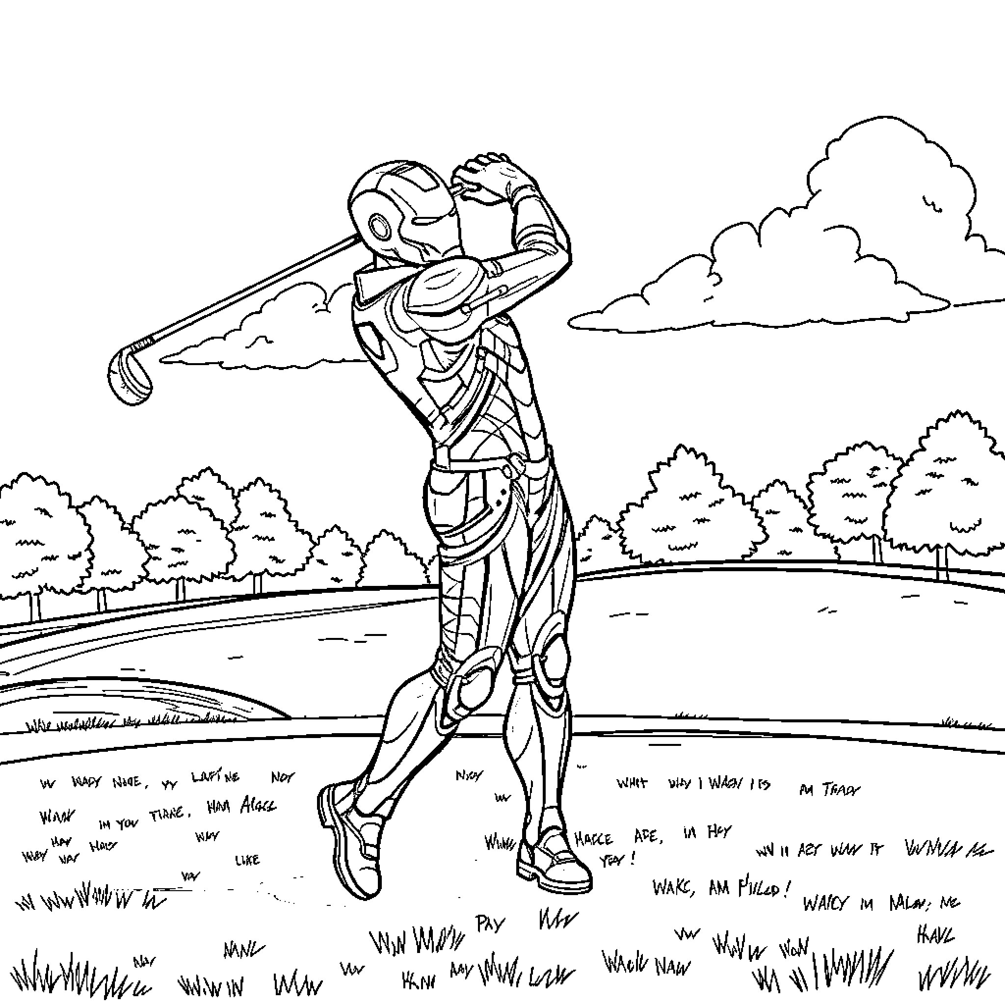 Ironman golfing in a scenic outdoor setting Coloring Page (free black-and-white line drawing printable PDF for all, from beginners to advanced learners, including children, teens, adults, and seniors)