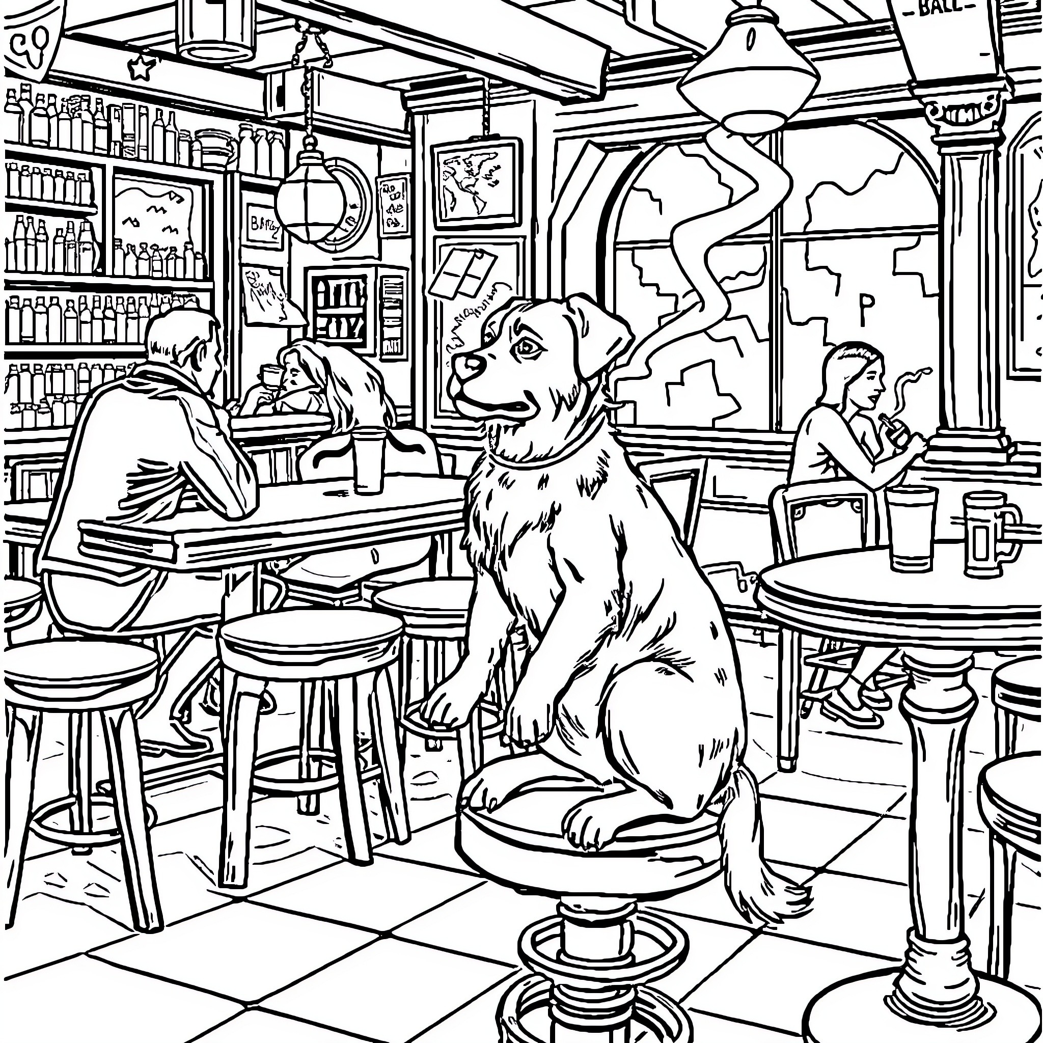 Dog sitting in a cozy cafe Coloring Page (free black-and-white line drawing printable PDF for all, from beginners to advanced learners, including children, teens, adults, and seniors)