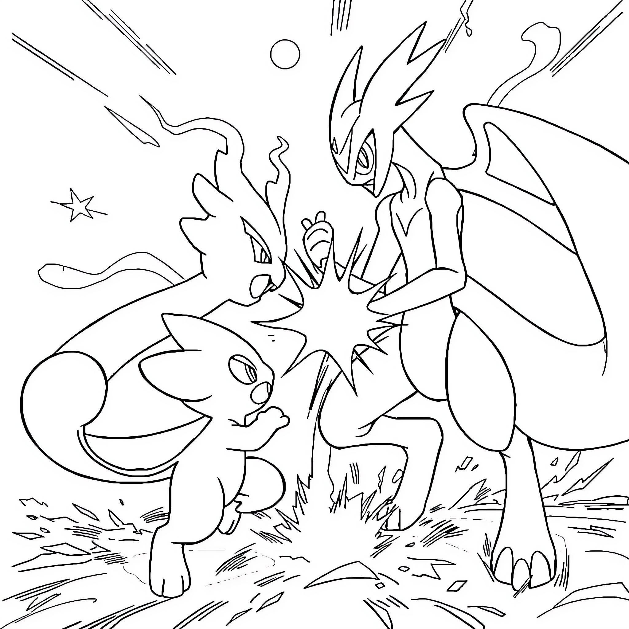 Pokémon Battle Under the Starry Sky Coloring Page (free black-and-white line drawing printable PDF for all, from beginners to advanced learners, including children, teens, adults, and seniors)