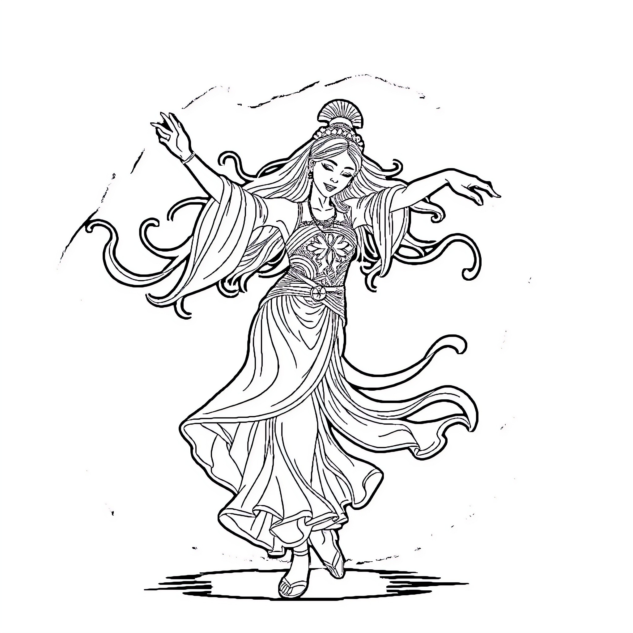 Nailoong Dancing Goddess in Flowing Robes Coloring Page (free black-and-white line drawing printable PDF for all, from beginners to advanced learners, including children, teens, adults, and seniors)