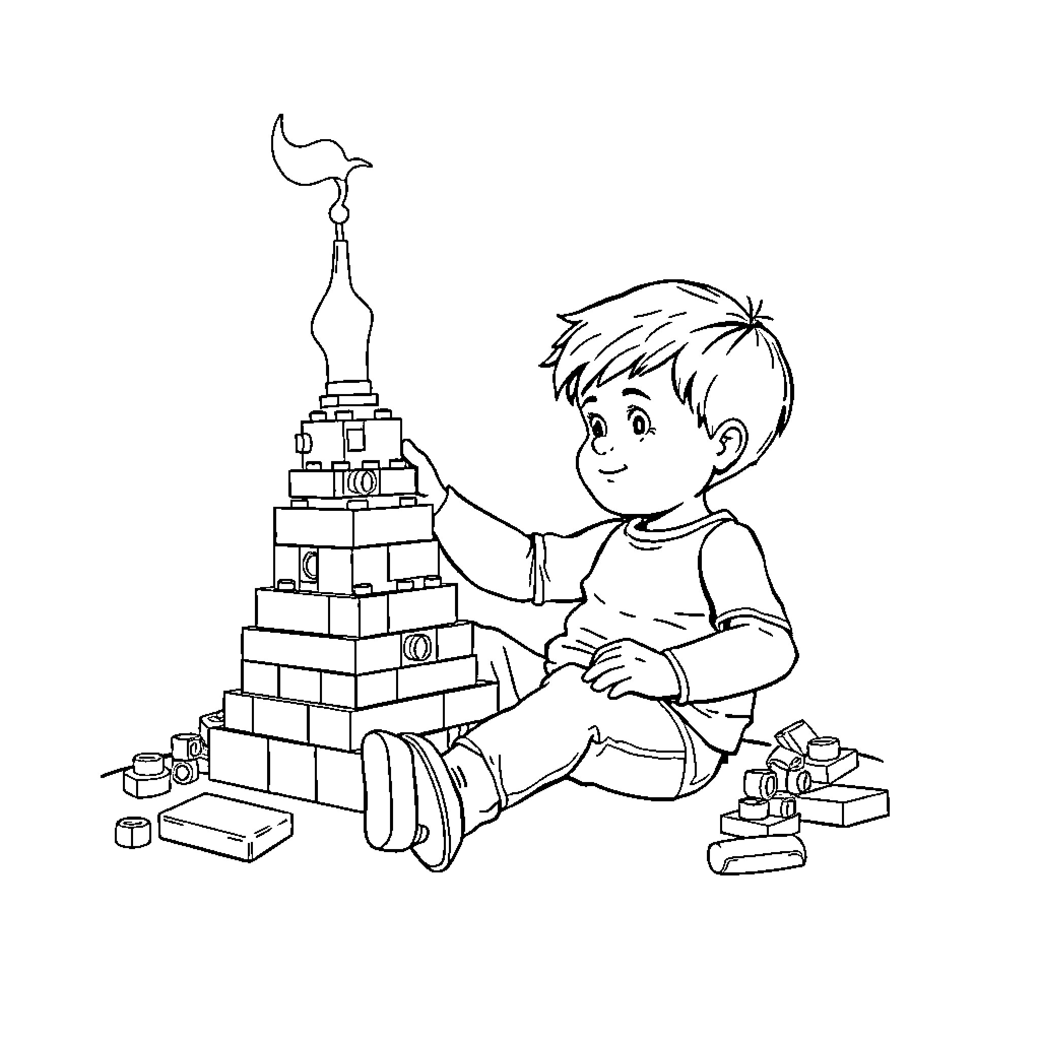 Child playing creatively with building blocks Coloring Page (free black-and-white line drawing printable PDF for all, from beginners to advanced learners, including children, teens, adults, and seniors)