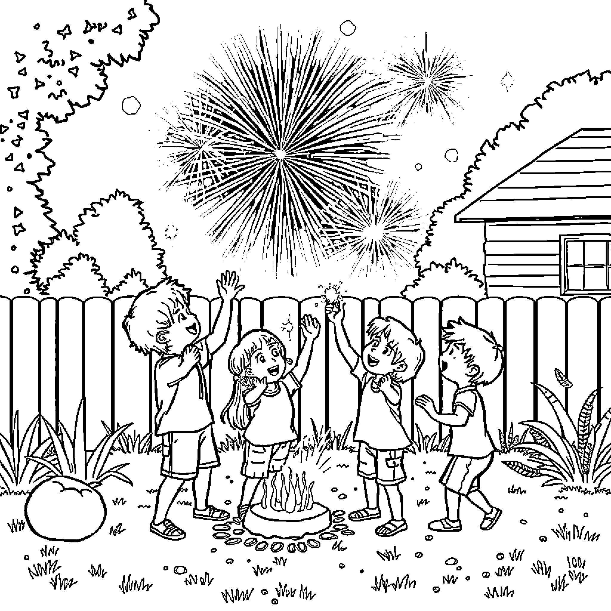 Kid Celebrating Fireworks with Friends on Summer Night Coloring Page (free black-and-white line drawing printable PDF for all, from beginners to advanced learners, including children, teens, adults, and seniors)