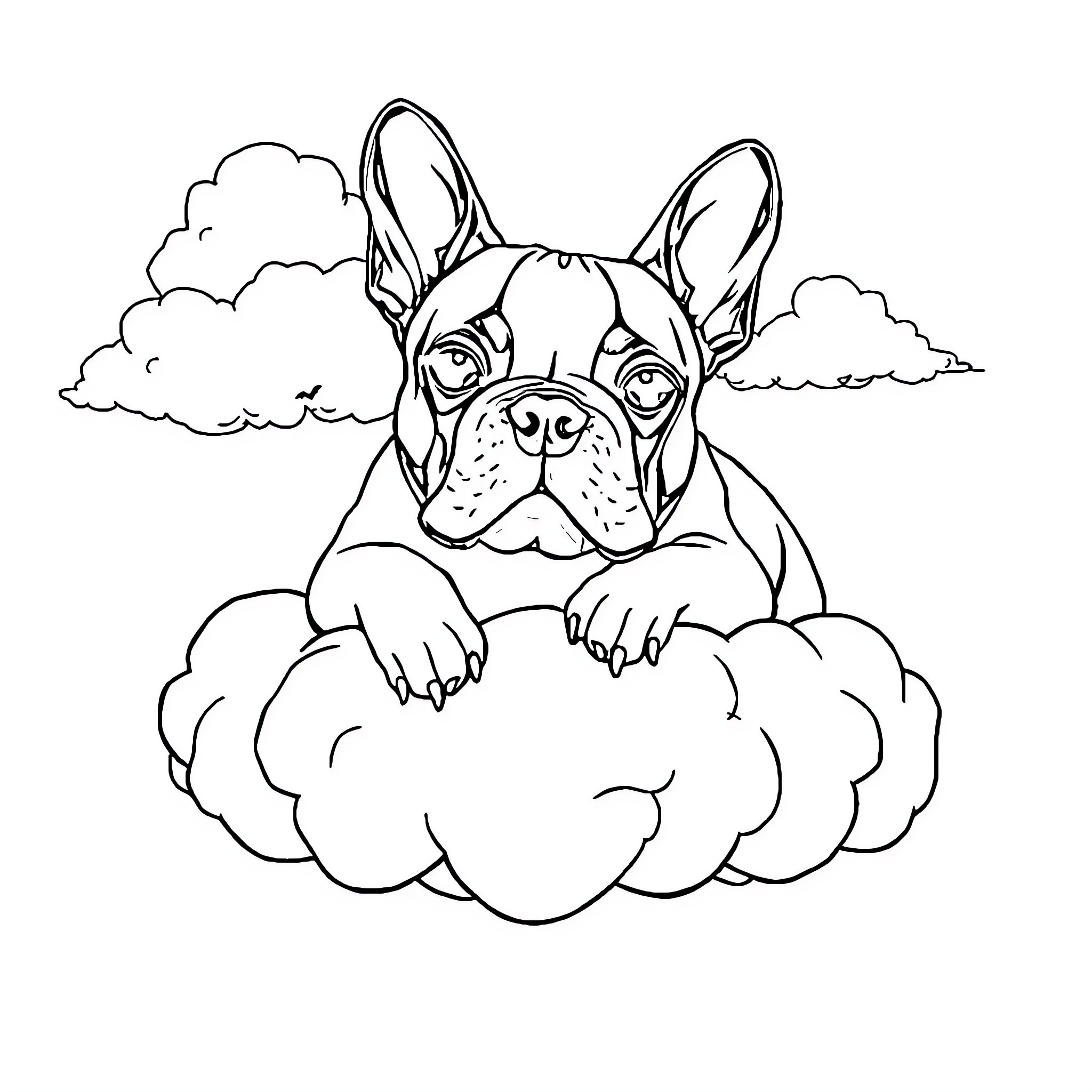 Boston Terrier resting on cloud in the sky Coloring Page (free black-and-white line drawing printable PDF for all, from beginners to advanced learners, including children, teens, adults, and seniors)