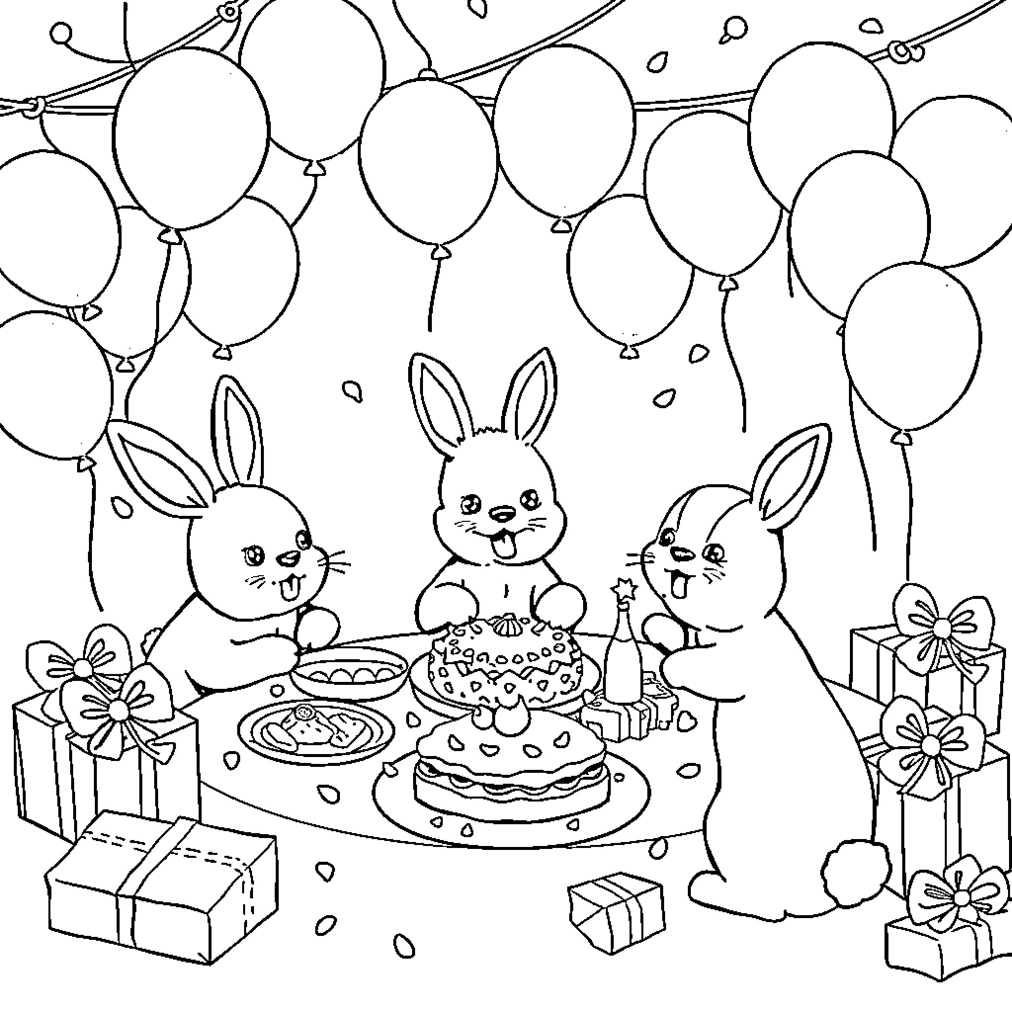 Animal Bunnies Celebrating Birthday Party with Cake Coloring Page (free black-and-white line drawing printable PDF for all, from beginners to advanced learners, including children, teens, adults, and seniors)