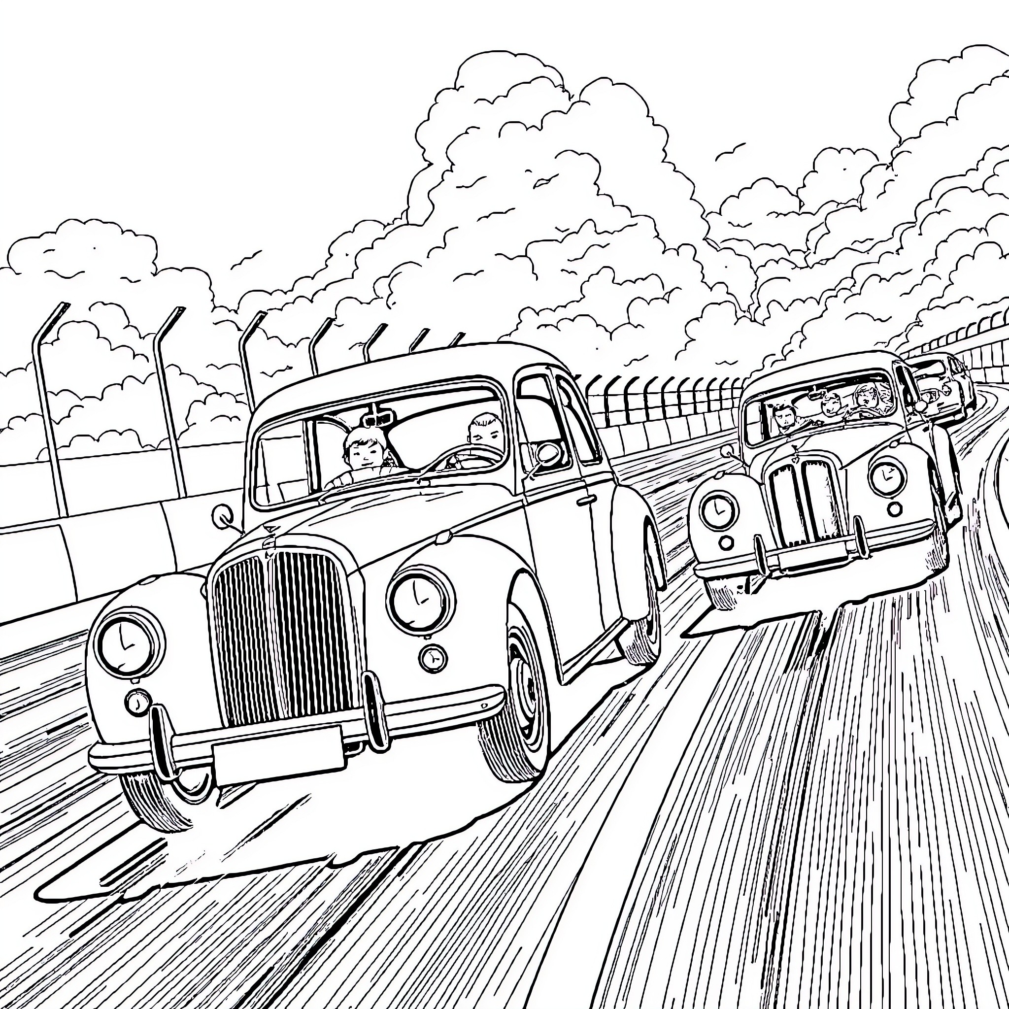 Race Car Rally on Winding Road Coloring Page (free black-and-white line drawing printable PDF for all, from beginners to advanced learners, including children, teens, adults, and seniors)