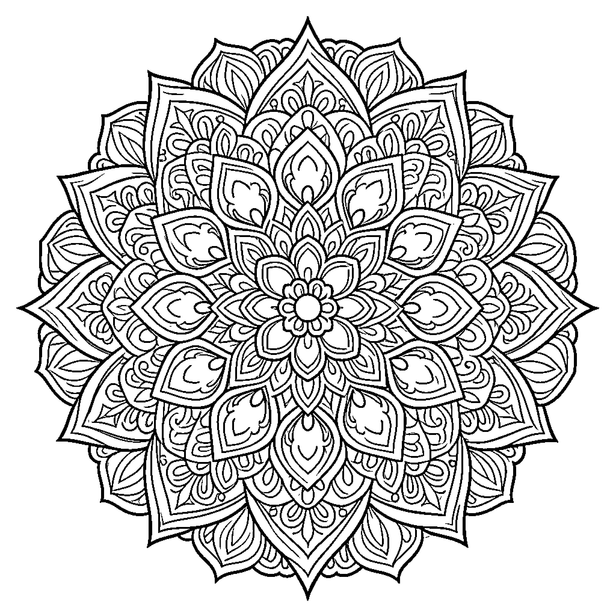 Mandala of intricate floral patterns and symmetrical designs Coloring Page (free black-and-white line drawing printable PDF for all, from beginners to advanced learners, including children, teens, adults, and seniors)