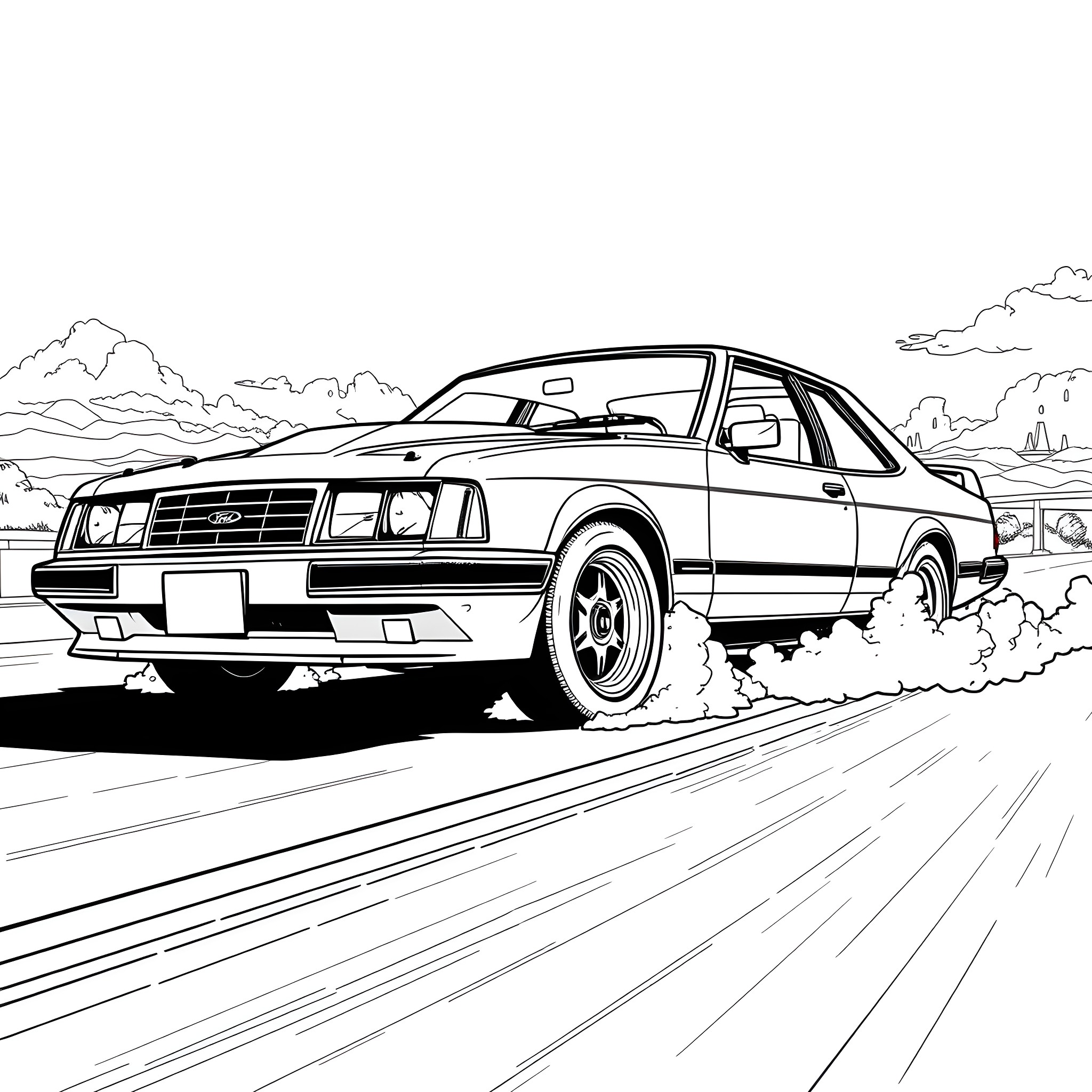 Ford Falcon speeding down the road Coloring Page (free black-and-white line drawing printable PDF for all, from beginners to advanced learners, including children, teens, adults, and seniors)