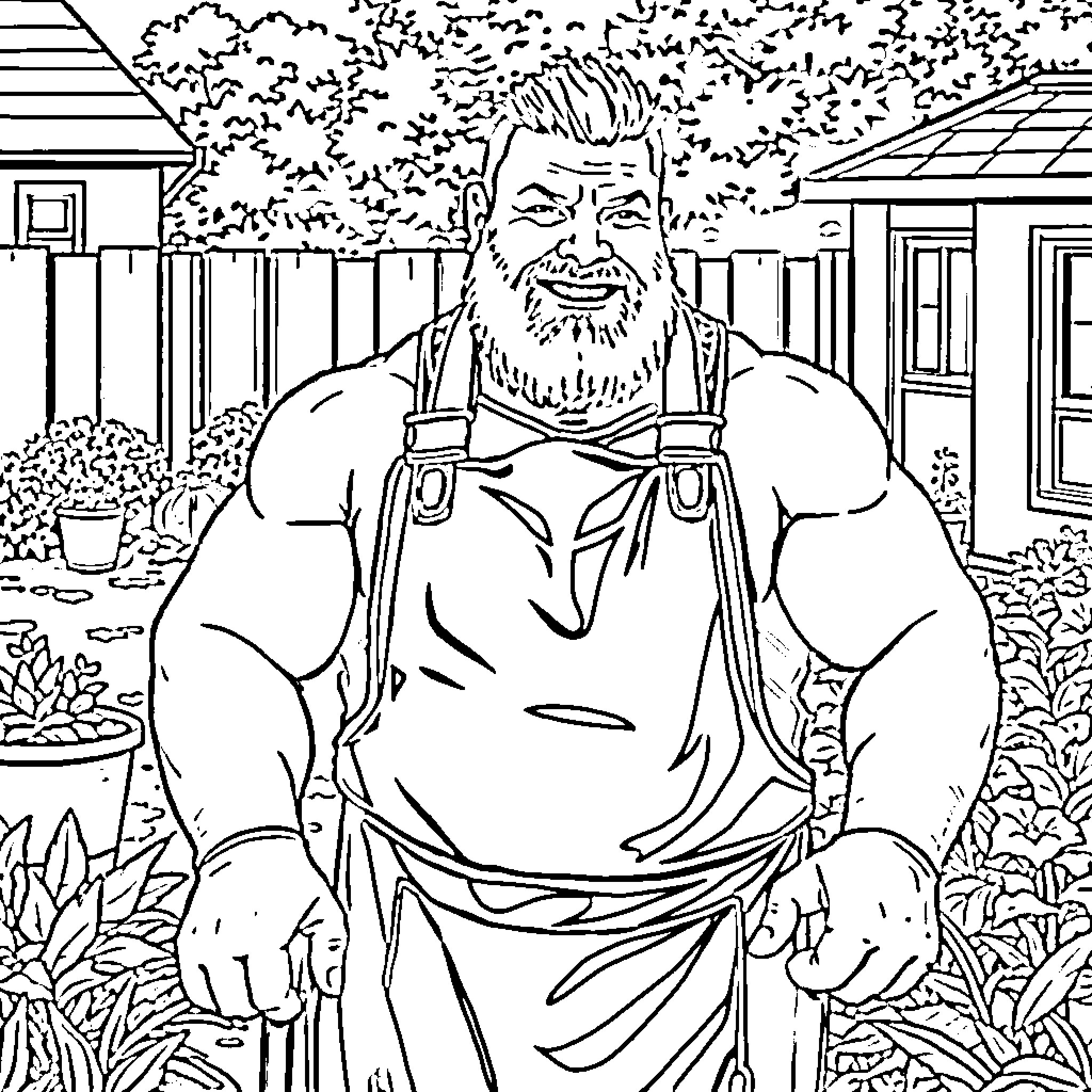 Brock Lesnar poses confidently in a rural setting Coloring Page (free black-and-white line drawing printable PDF for all, from beginners to advanced learners, including children, teens, adults, and seniors)