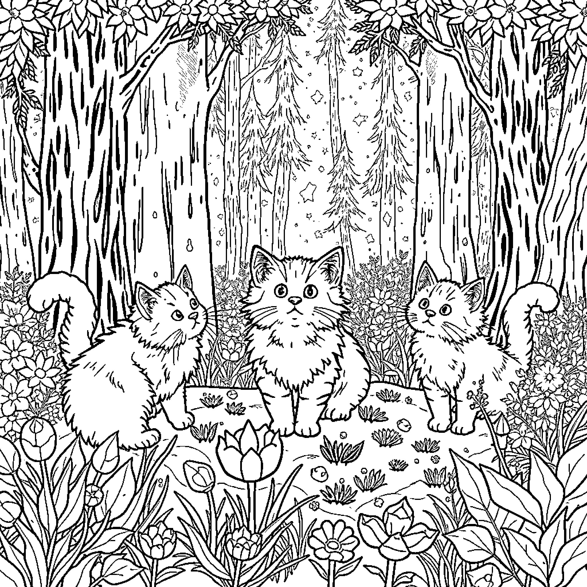 Cats in Enchanted Forest Coloring Page (free black-and-white line drawing printable PDF for all, from beginners to advanced learners, including children, teens, adults, and seniors)