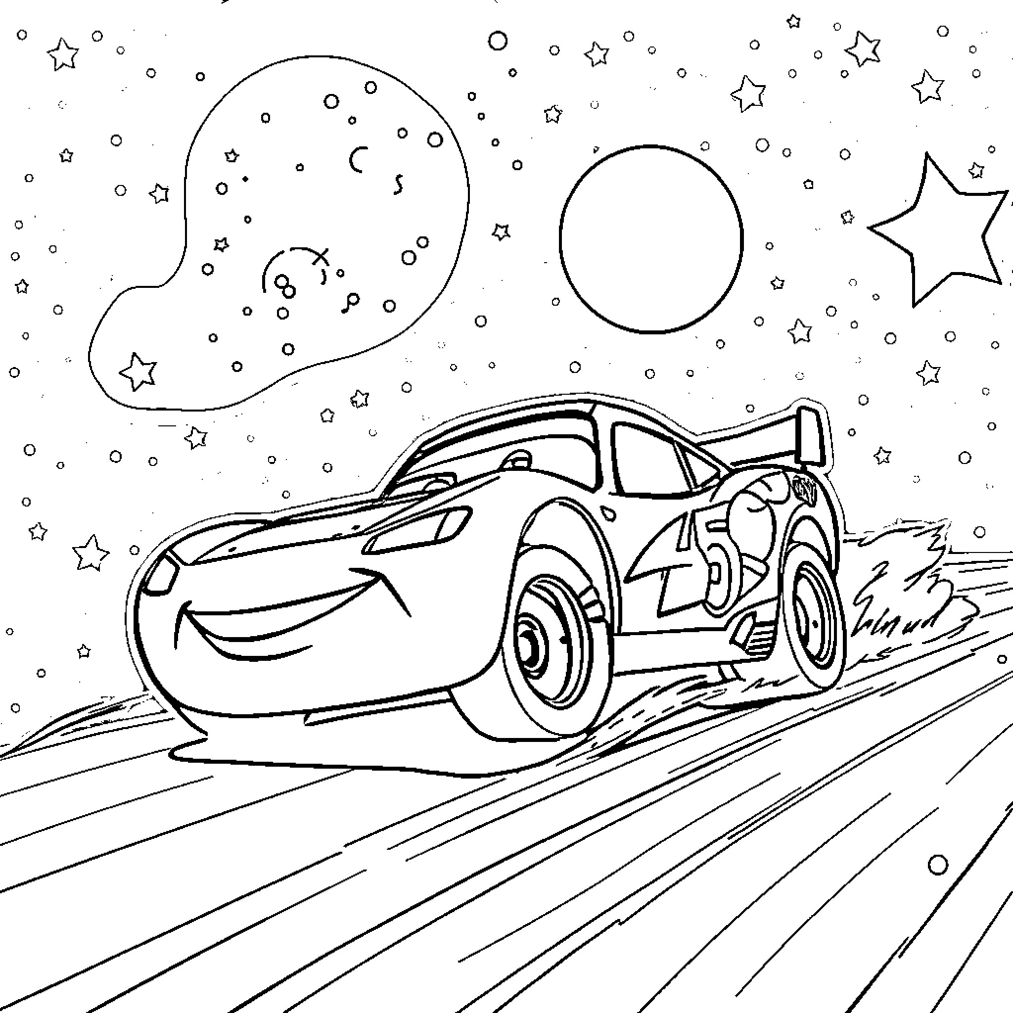 Lightning McQueen racing through the night sky Coloring Page (free black-and-white line drawing printable PDF for all, from beginners to advanced learners, including children, teens, adults, and seniors)