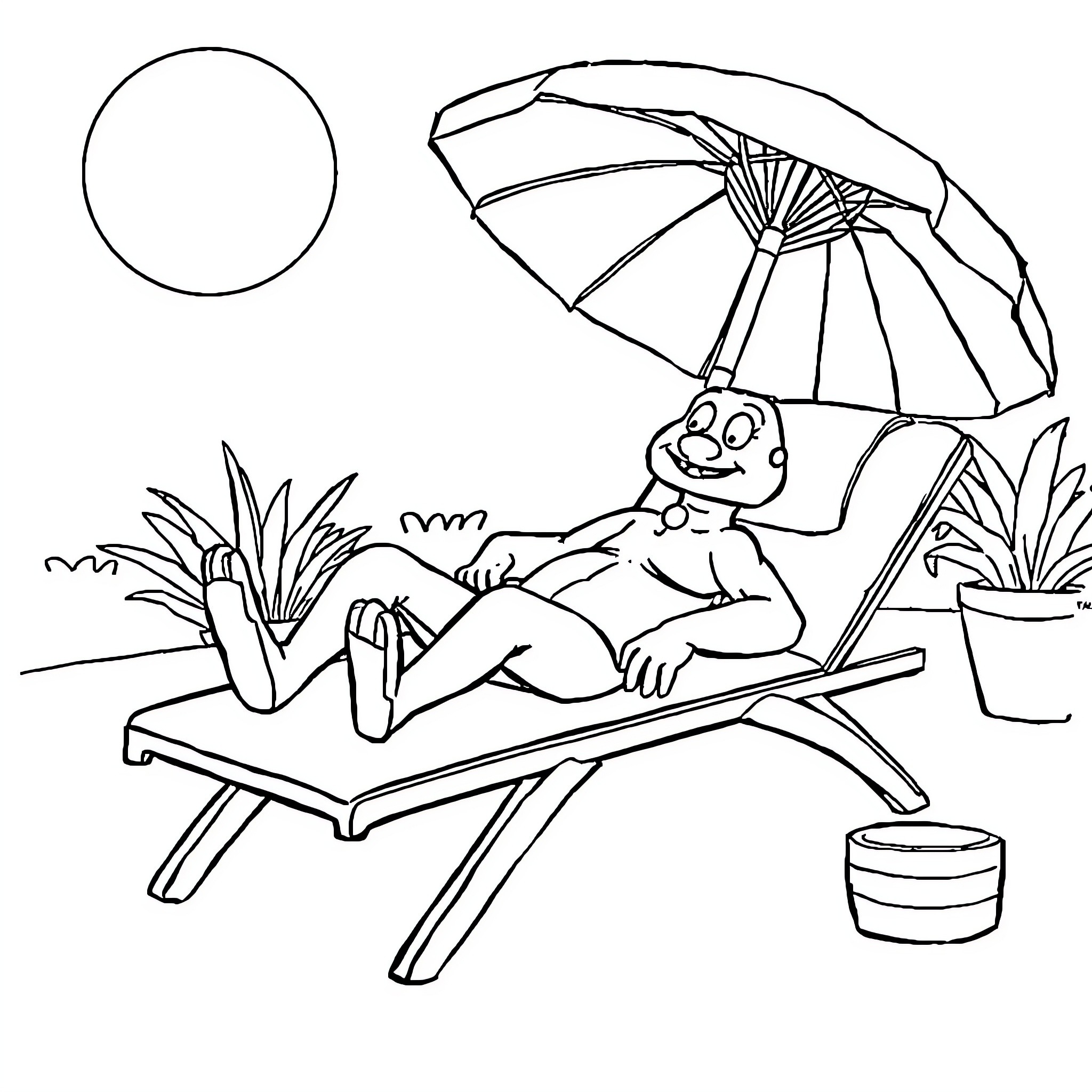 Glodrack relaxing under a beach umbrella Coloring Page (free black-and-white line drawing printable PDF for all, from beginners to advanced learners, including children, teens, adults, and seniors)