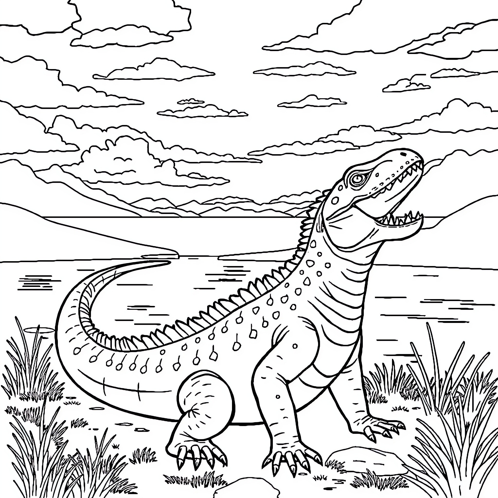 Tuntung the Prehistoric Crocodile in the Wild Coloring Page (free black-and-white line drawing printable PDF for all, from beginners to advanced learners, including children, teens, adults, and seniors)