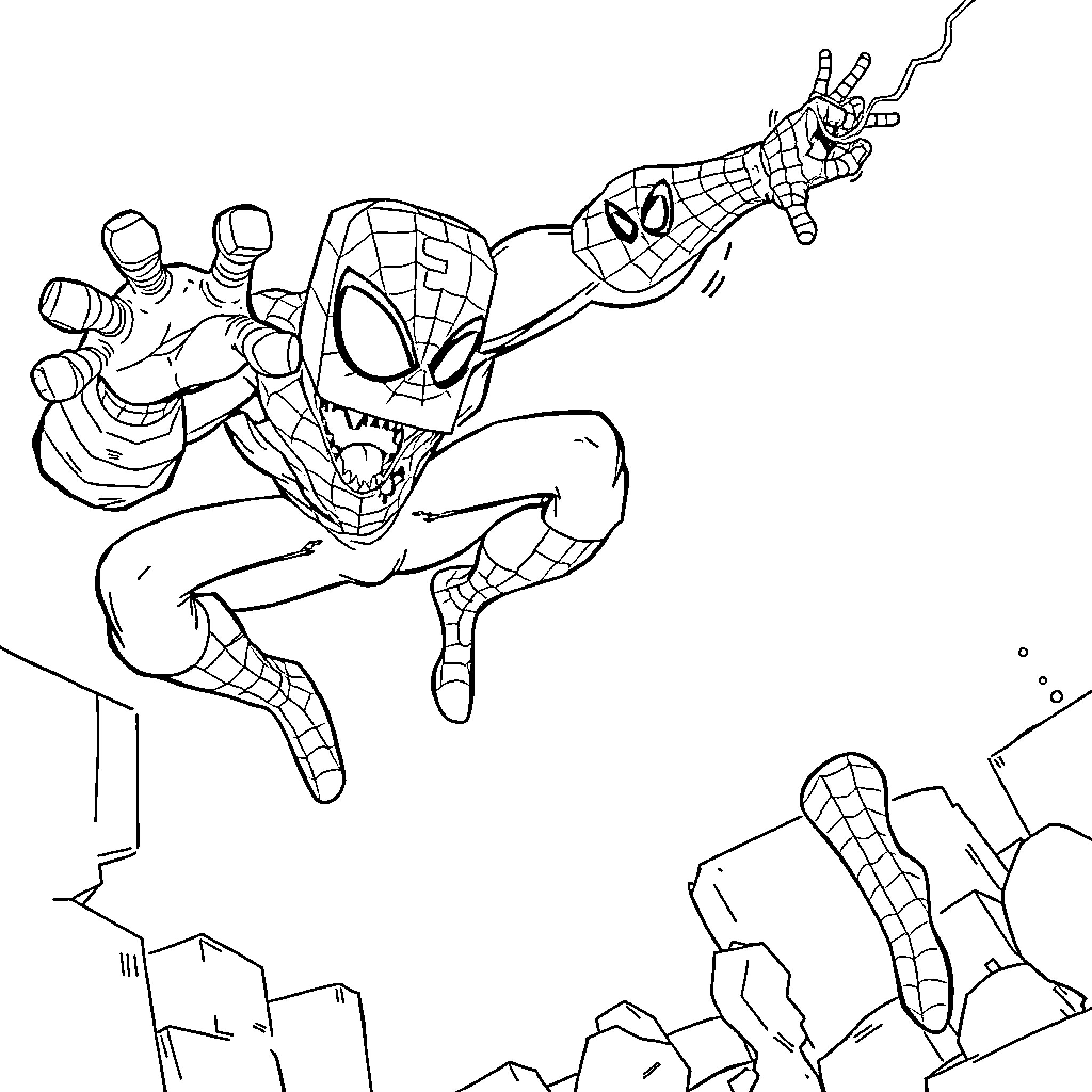 Creeper Spiderman swinging through the city Coloring Page (free black-and-white line drawing printable PDF for all, from beginners to advanced learners, including children, teens, adults, and seniors)