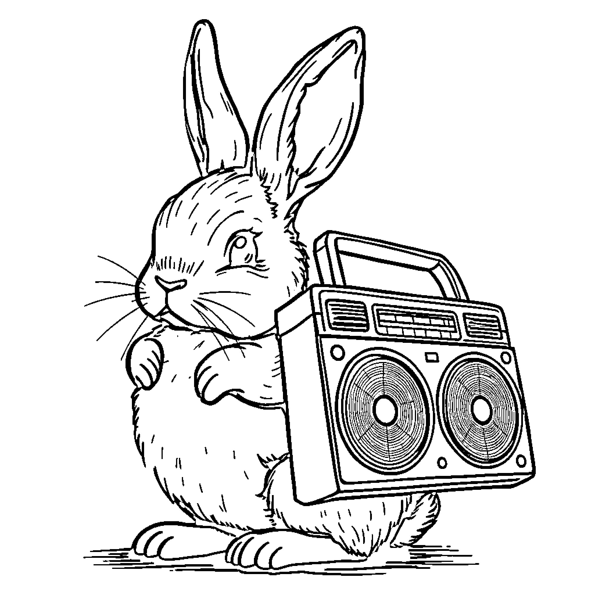 Rabbit listening to music on a boombox Coloring Page (free black-and-white line drawing printable PDF for all, from beginners to advanced learners, including children, teens, adults, and seniors)