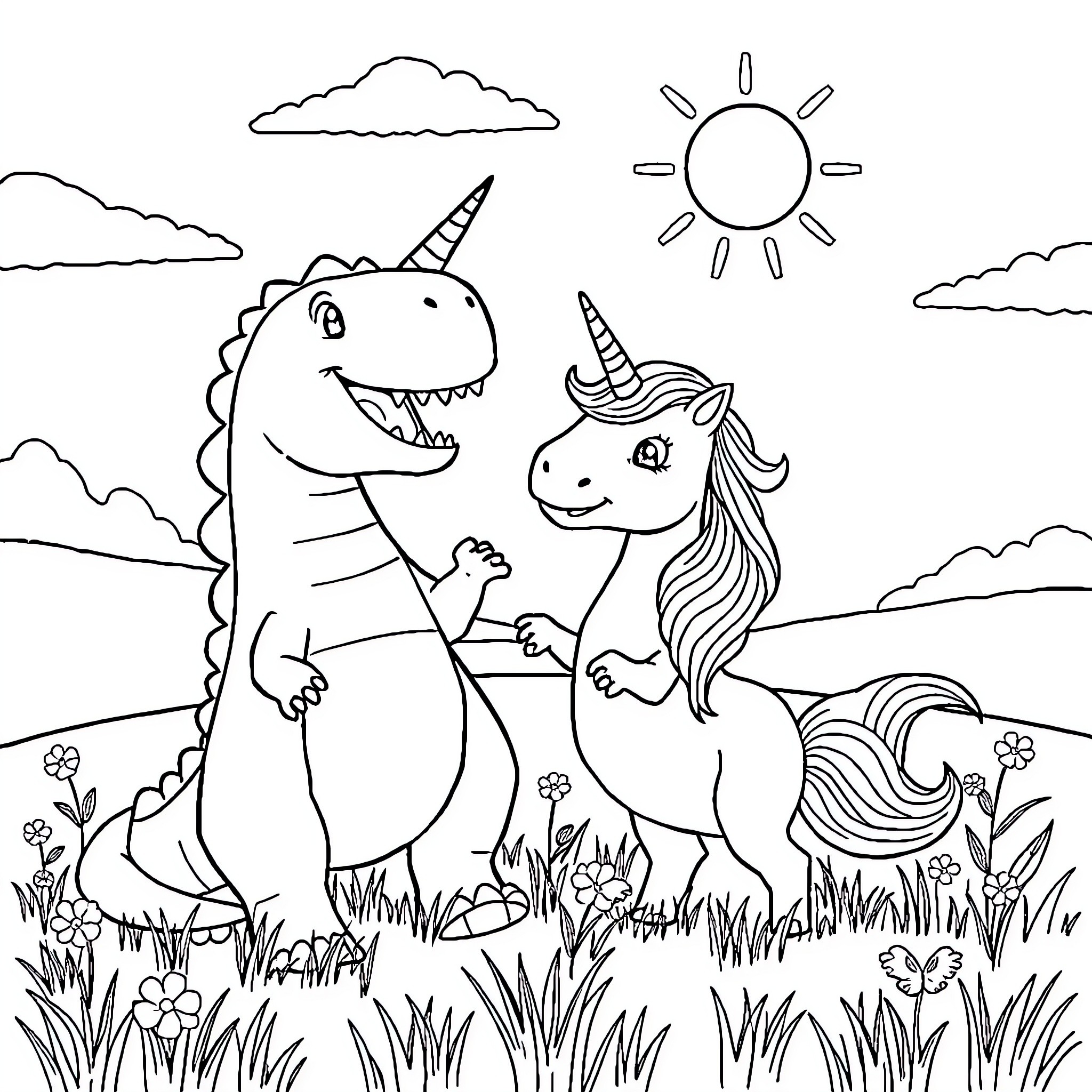 Dinosaur and unicorn friends in a sunny meadow Coloring Page (free black-and-white line drawing printable PDF for all, from beginners to advanced learners, including children, teens, adults, and seniors)
