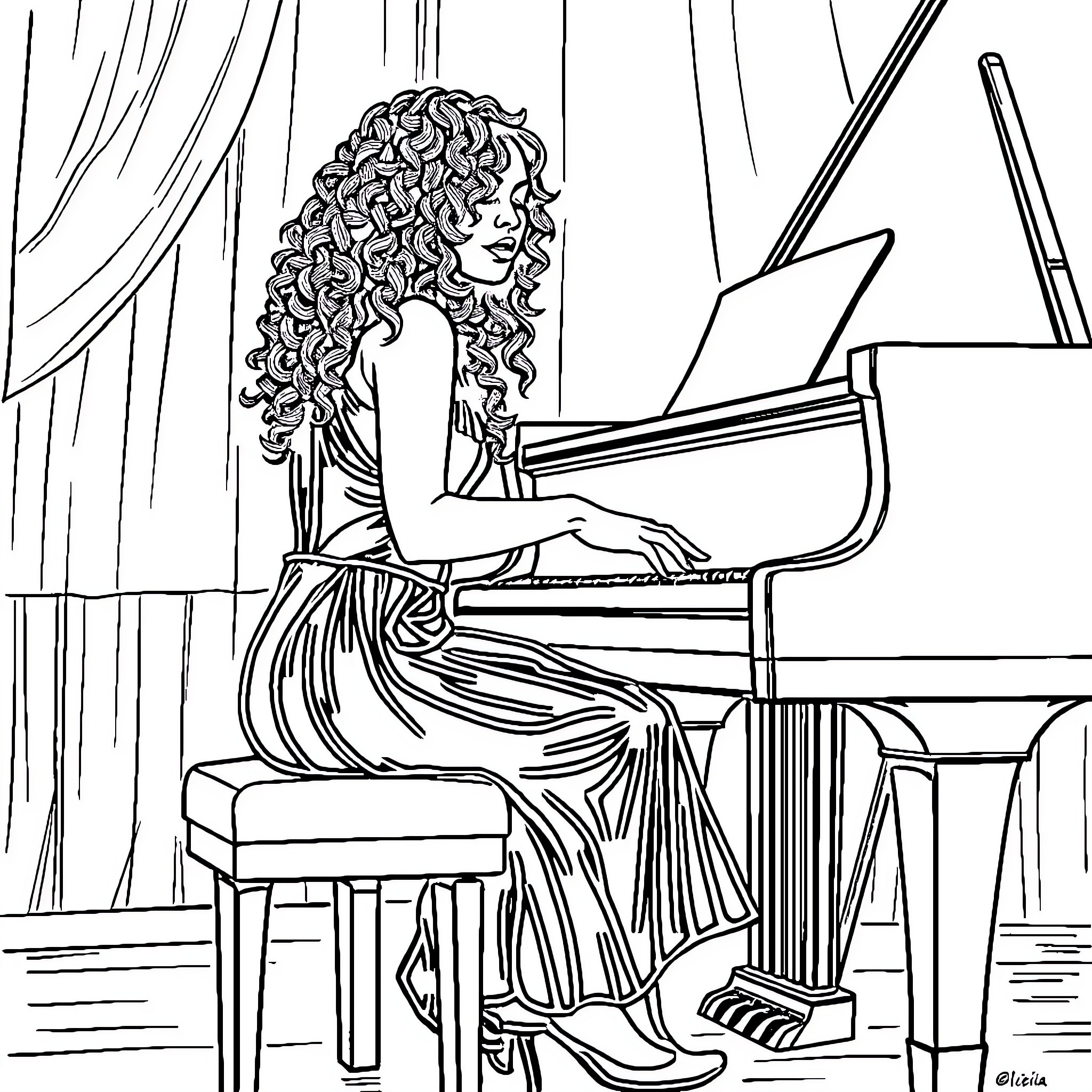Alicia Keys Performing on Stage with Piano Coloring Page (free black-and-white line drawing printable PDF for all, from beginners to advanced learners, including children, teens, adults, and seniors)