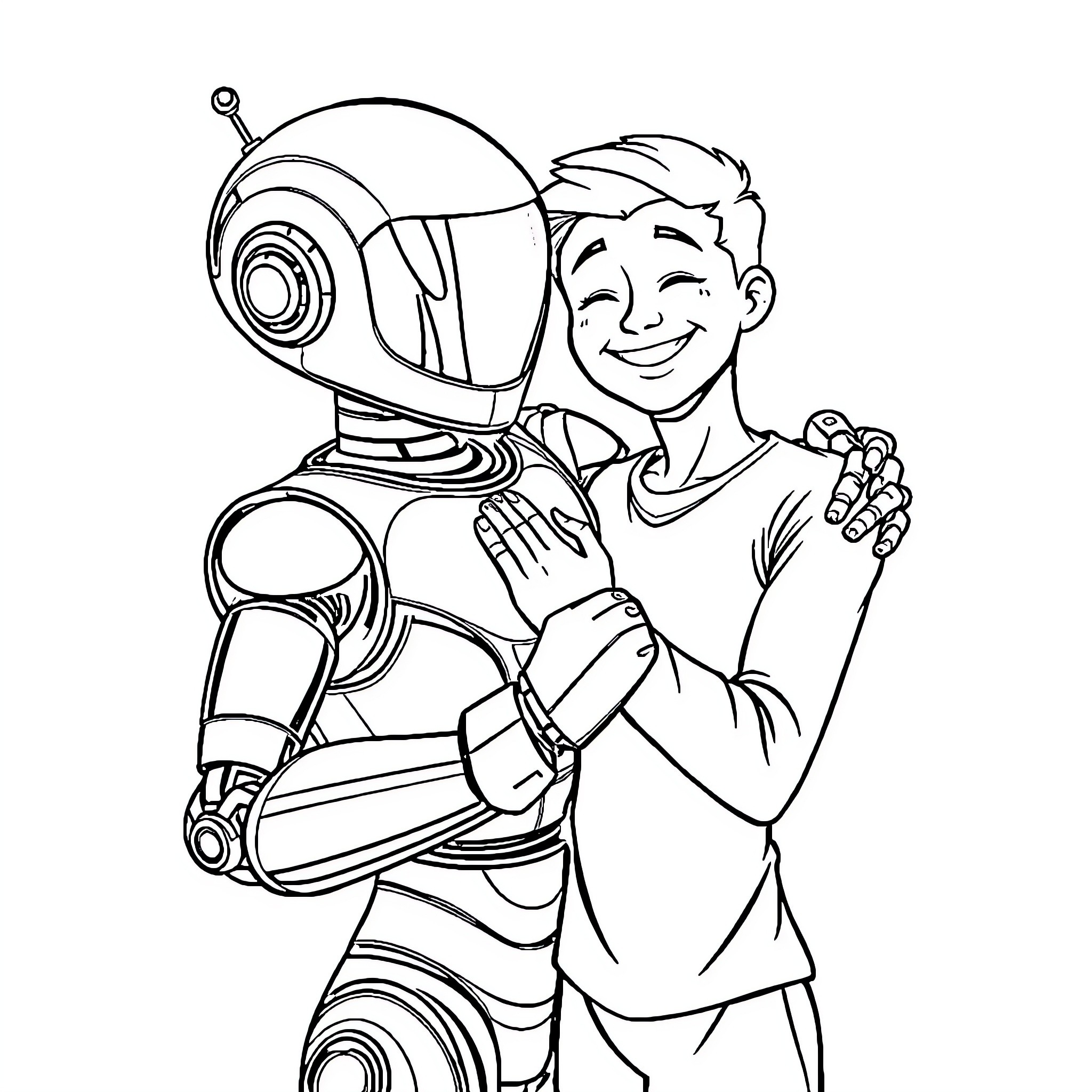 Robot and Boy Embracing Happily Coloring Page (free black-and-white line drawing printable PDF for all, from beginners to advanced learners, including children, teens, adults, and seniors)