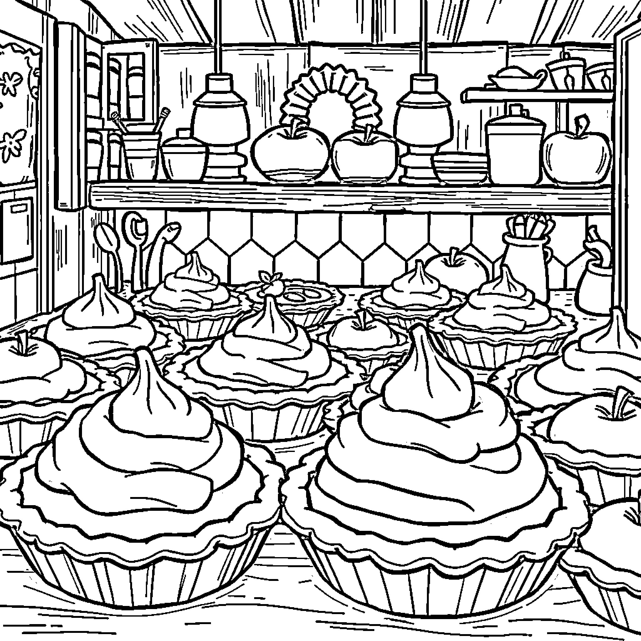 Pie Display in Bakery with Assorted Pastries Coloring Page (free black-and-white line drawing printable PDF for all, from beginners to advanced learners, including children, teens, adults, and seniors)