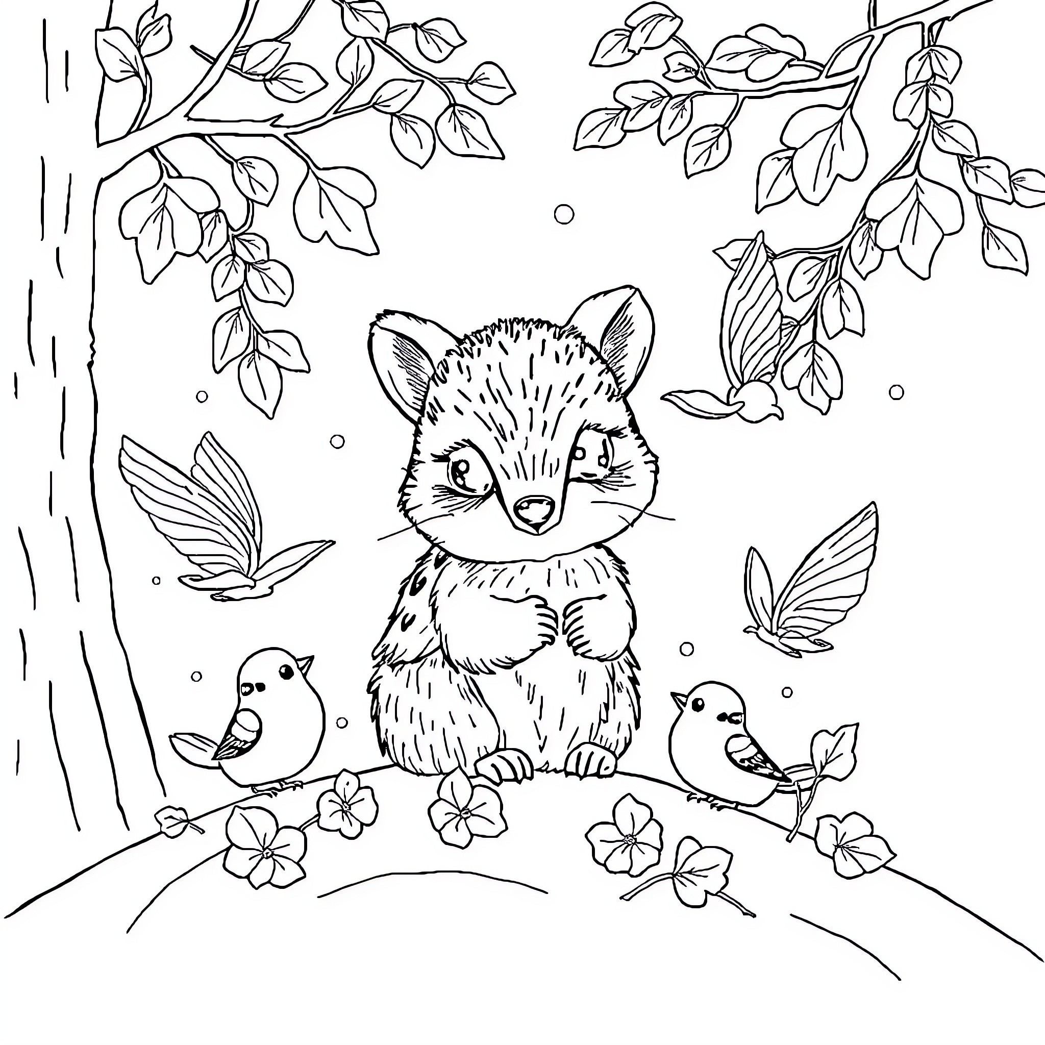 Hada's Woodland Friends Coloring Page Coloring Page (free black-and-white line drawing printable PDF for all, from beginners to advanced learners, including children, teens, adults, and seniors)