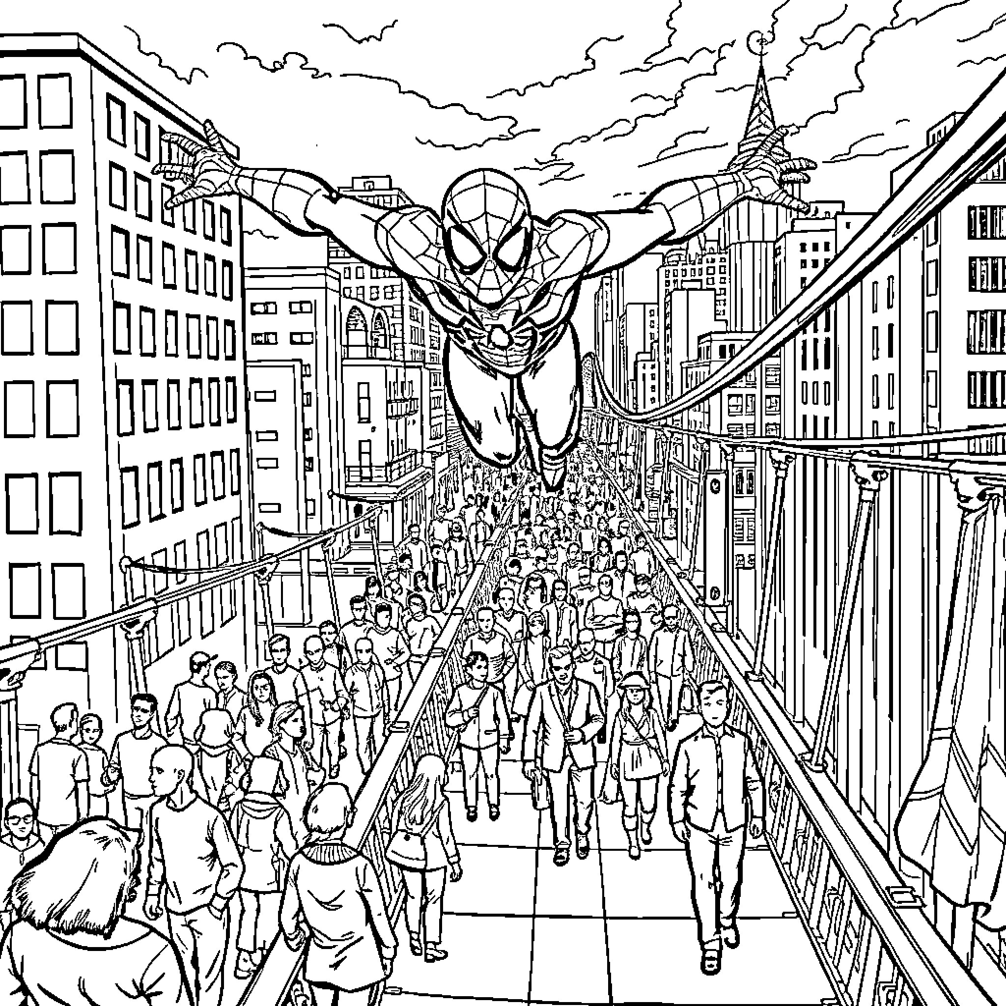 Spiderman swinging over a crowded city street Coloring Page (free black-and-white line drawing printable PDF for all, from beginners to advanced learners, including children, teens, adults, and seniors)