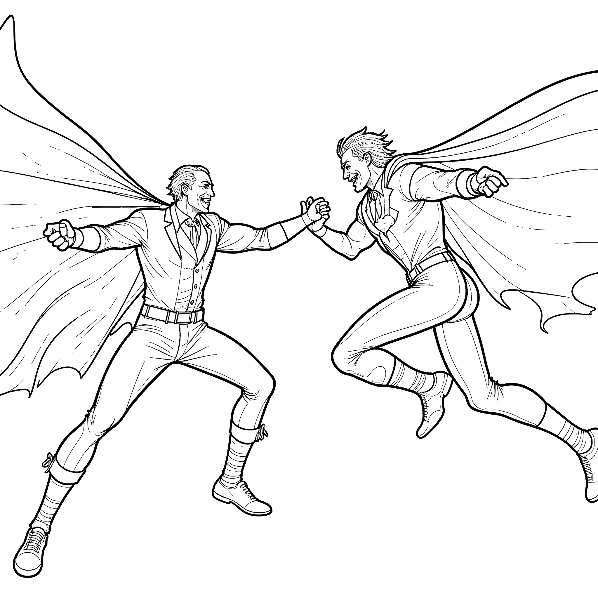 Joker Battling Against Heroic Costumed Figure Coloring Page (free black-and-white line drawing printable PDF for all, from beginners to advanced learners, including children, teens, adults, and seniors)