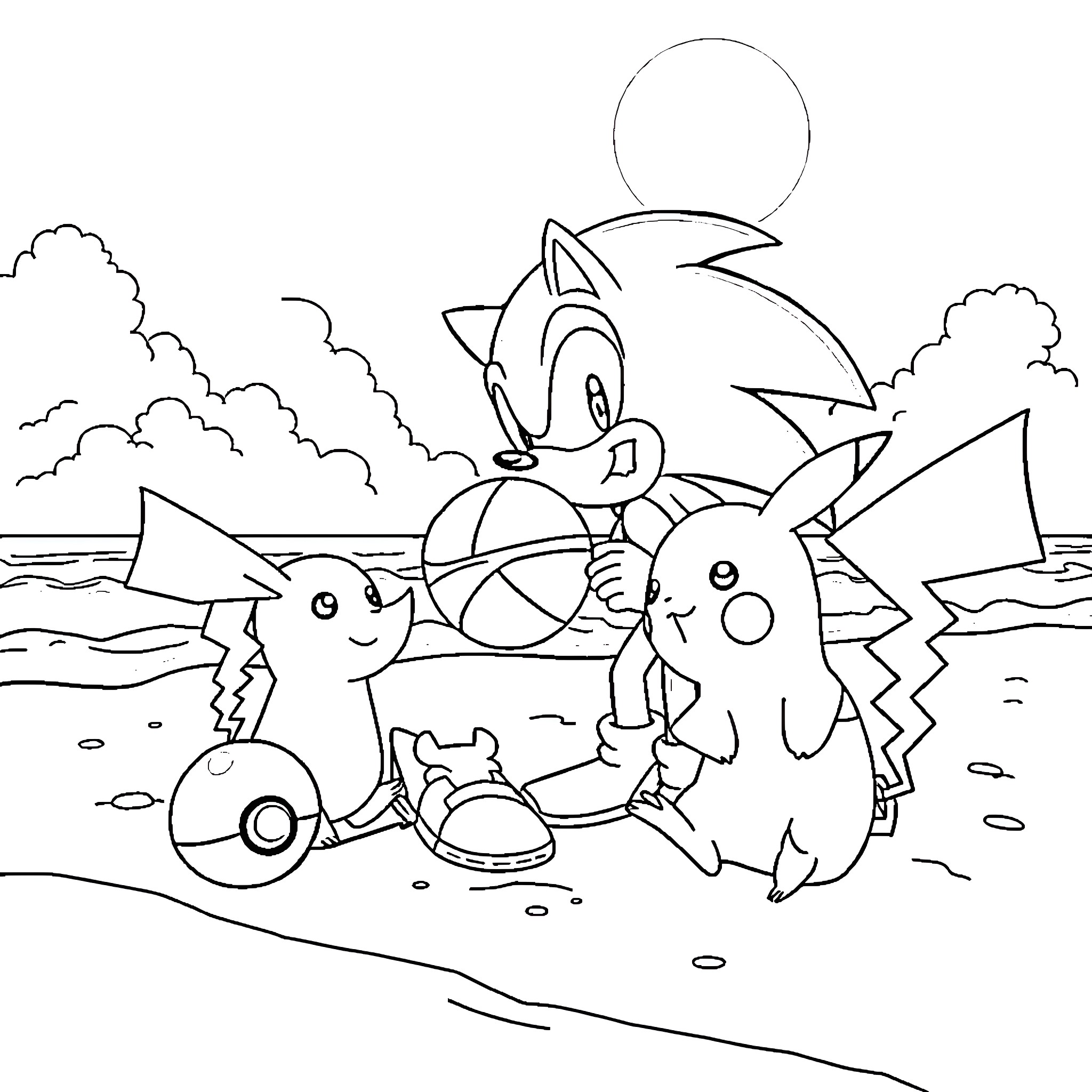 Sonic's adventures with Pokémon friends on the beach Coloring Page (free black-and-white line drawing printable PDF for all, from beginners to advanced learners, including children, teens, adults, and seniors)