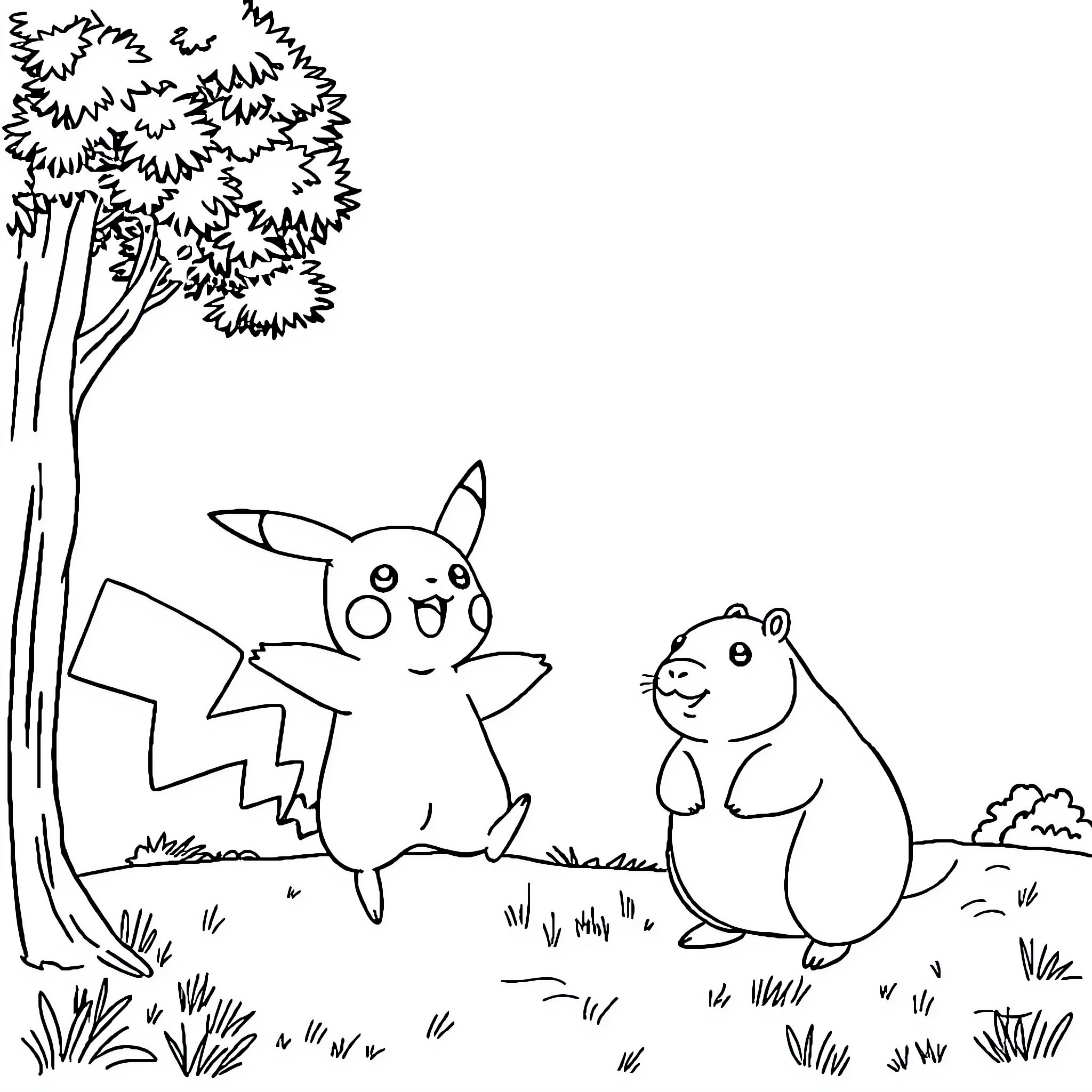 Pikachu and Furry Friend in Outdoor Adventure Coloring Page (free black-and-white line drawing printable PDF for all, from beginners to advanced learners, including children, teens, adults, and seniors)