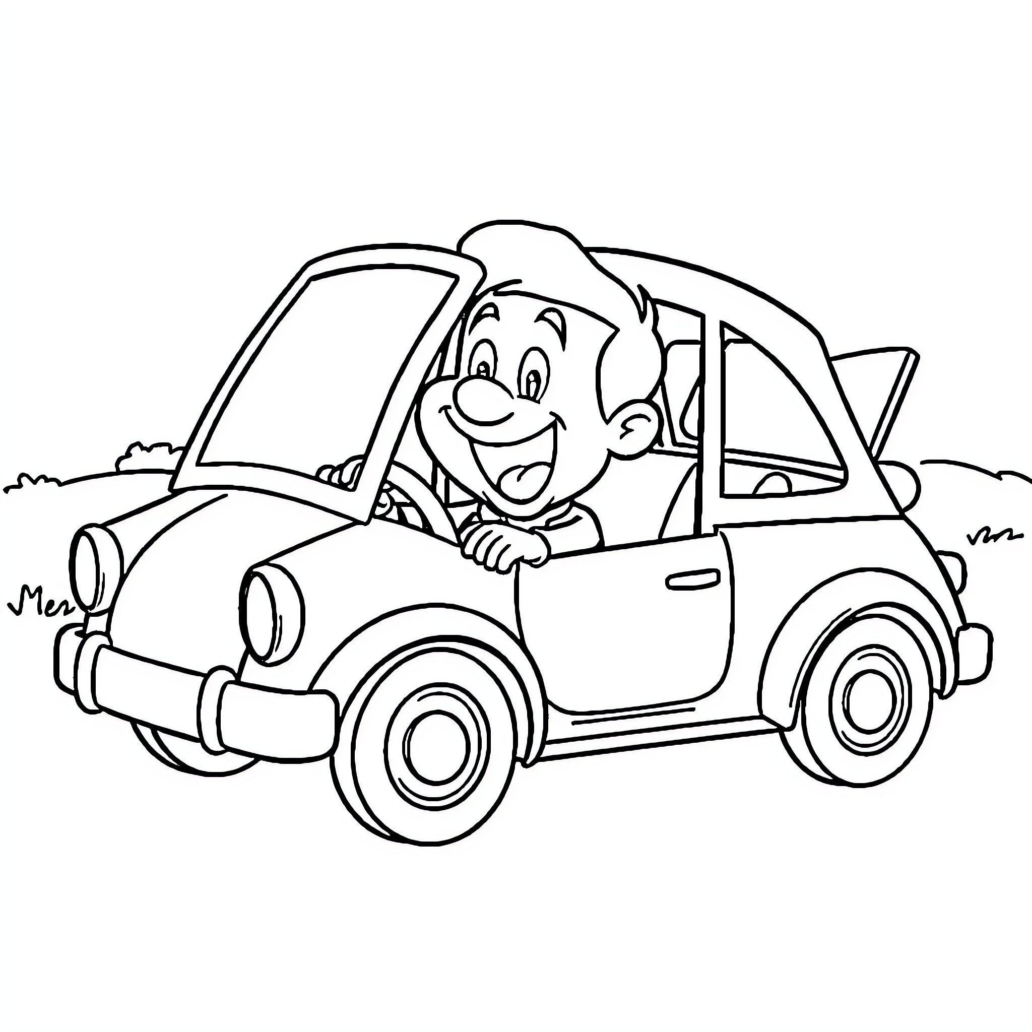Ñoño driving a happy car in the countryside Coloring Page (free black-and-white line drawing printable PDF for all, from beginners to advanced learners, including children, teens, adults, and seniors)
