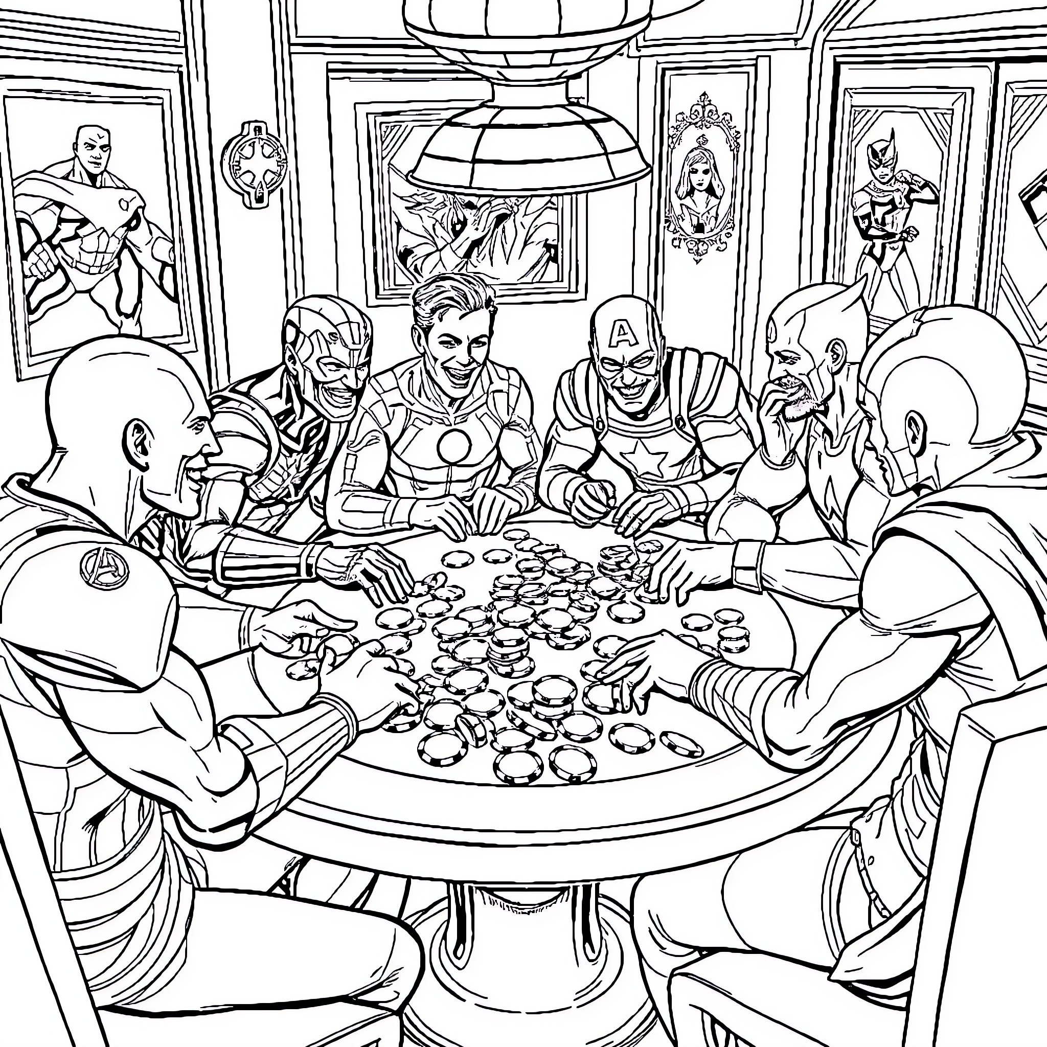 Avenger heroes gathering around a table Coloring Page (free black-and-white line drawing printable PDF for all, from beginners to advanced learners, including children, teens, adults, and seniors)