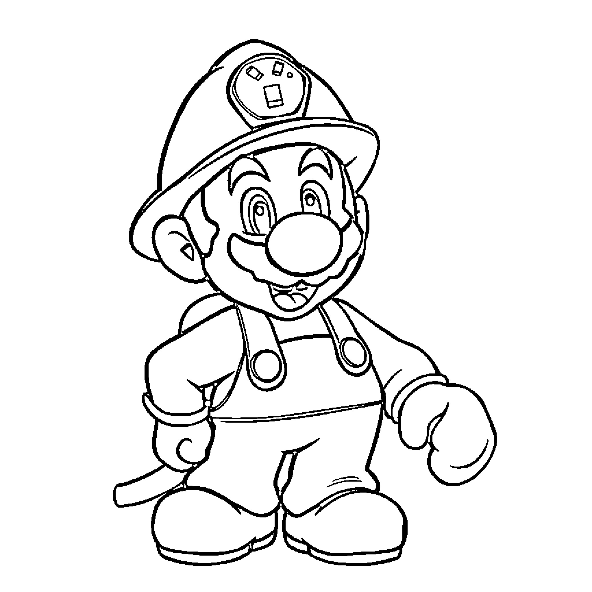 Firefighter Mario Cartoon Character Coloring Page (free black-and-white line drawing printable PDF for all, from beginners to advanced learners, including children, teens, adults, and seniors)