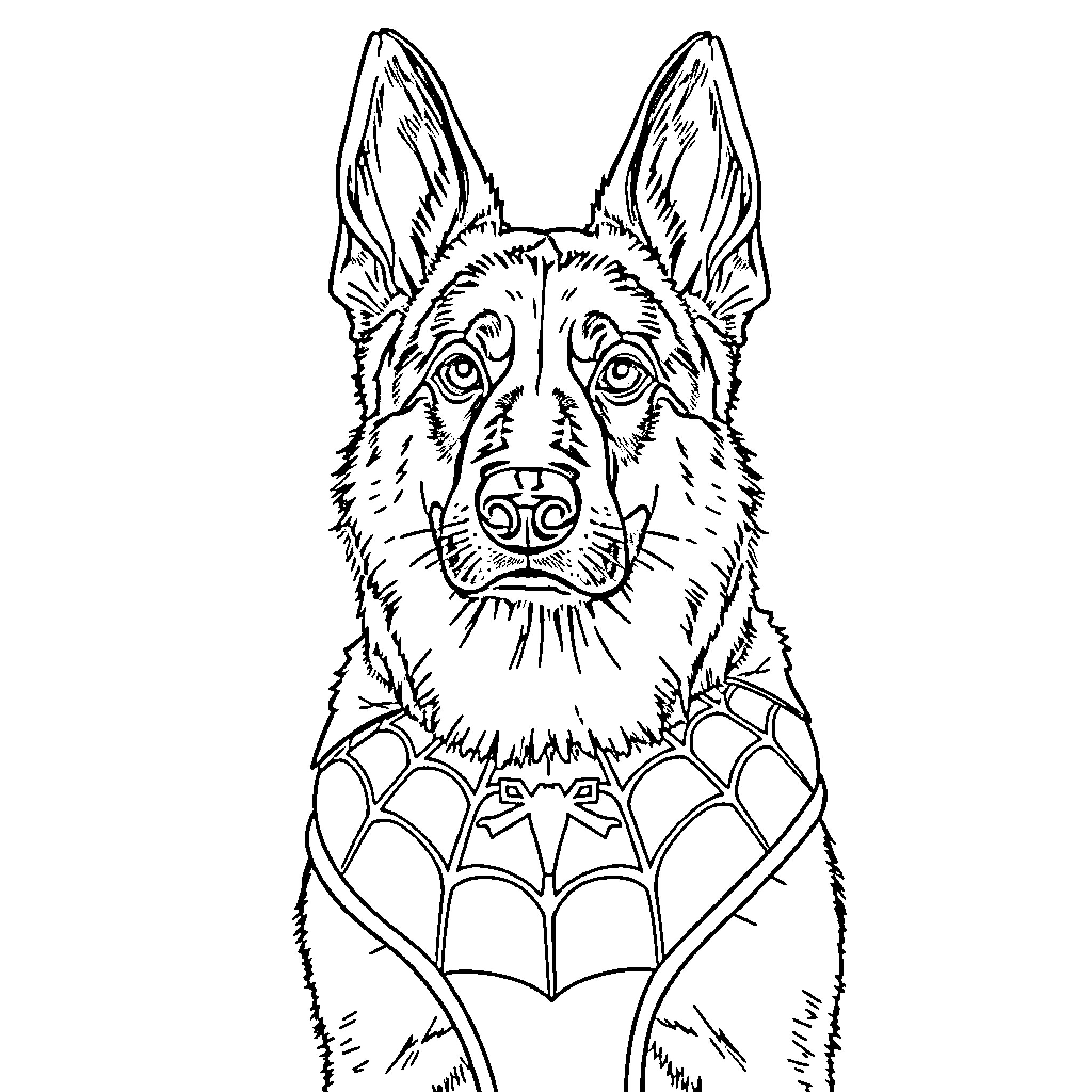 German Shepherd with patterned vest Coloring Page (free black-and-white line drawing printable PDF for all, from beginners to advanced learners, including children, teens, adults, and seniors)