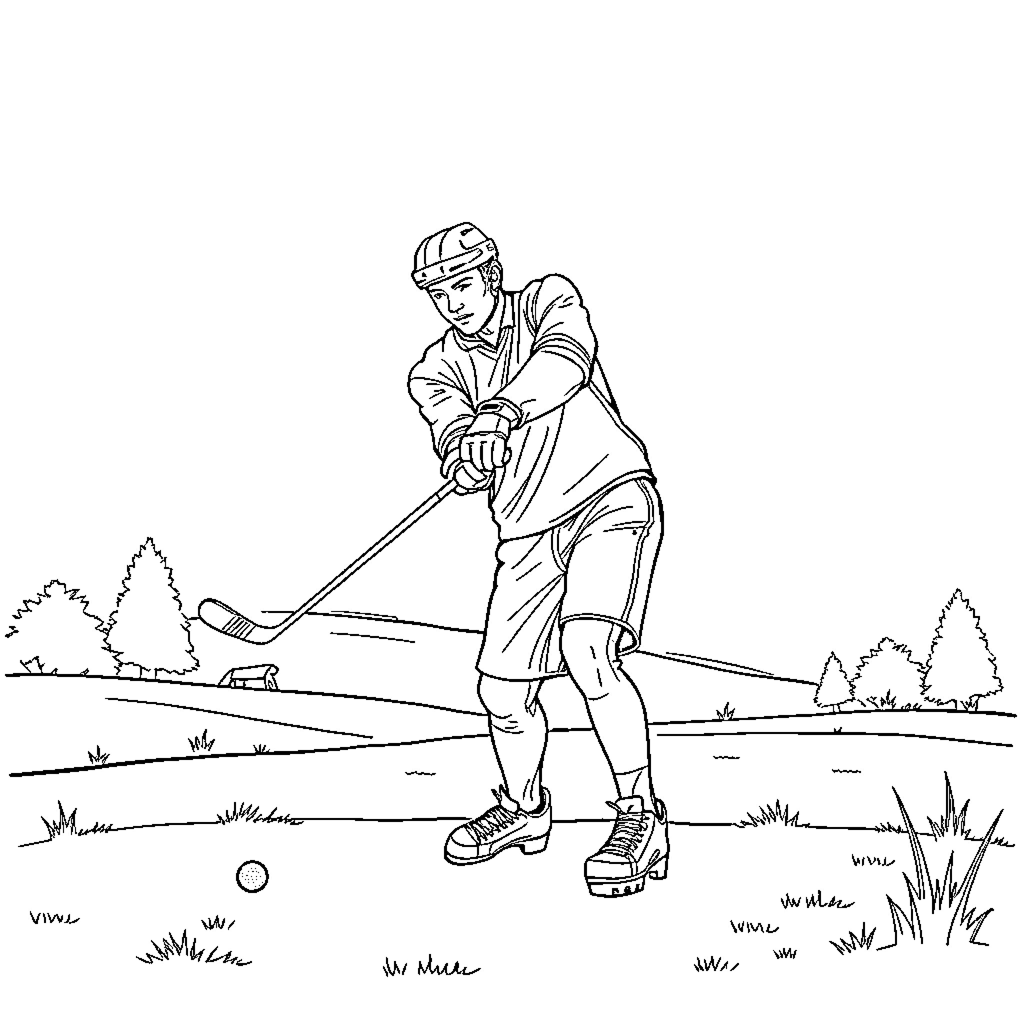 Hockey Player Shooting Puck on the Field Coloring Page (free black-and-white line drawing printable PDF for all, from beginners to advanced learners, including children, teens, adults, and seniors)