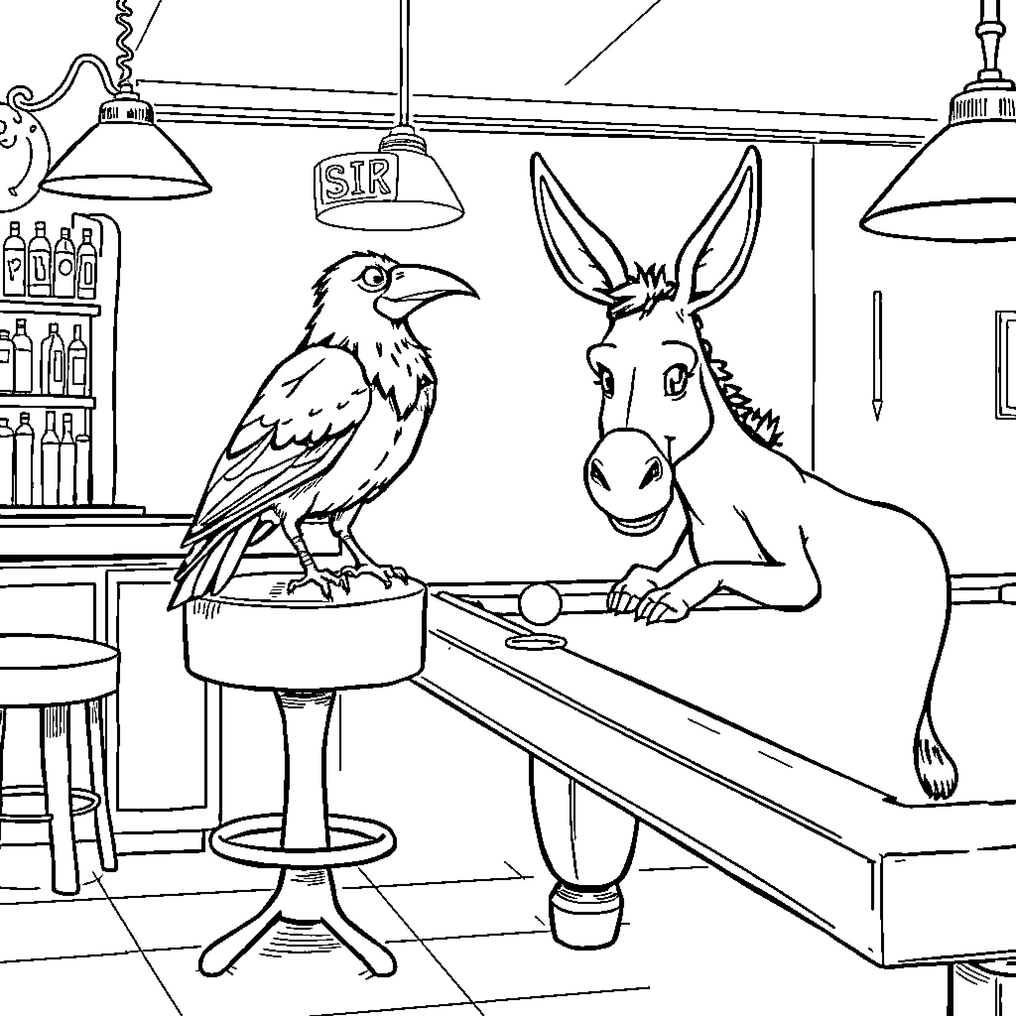 Crow and Donkey Hanging Out in a Bar Coloring Page (free black-and-white line drawing printable PDF for all, from beginners to advanced learners, including children, teens, adults, and seniors)