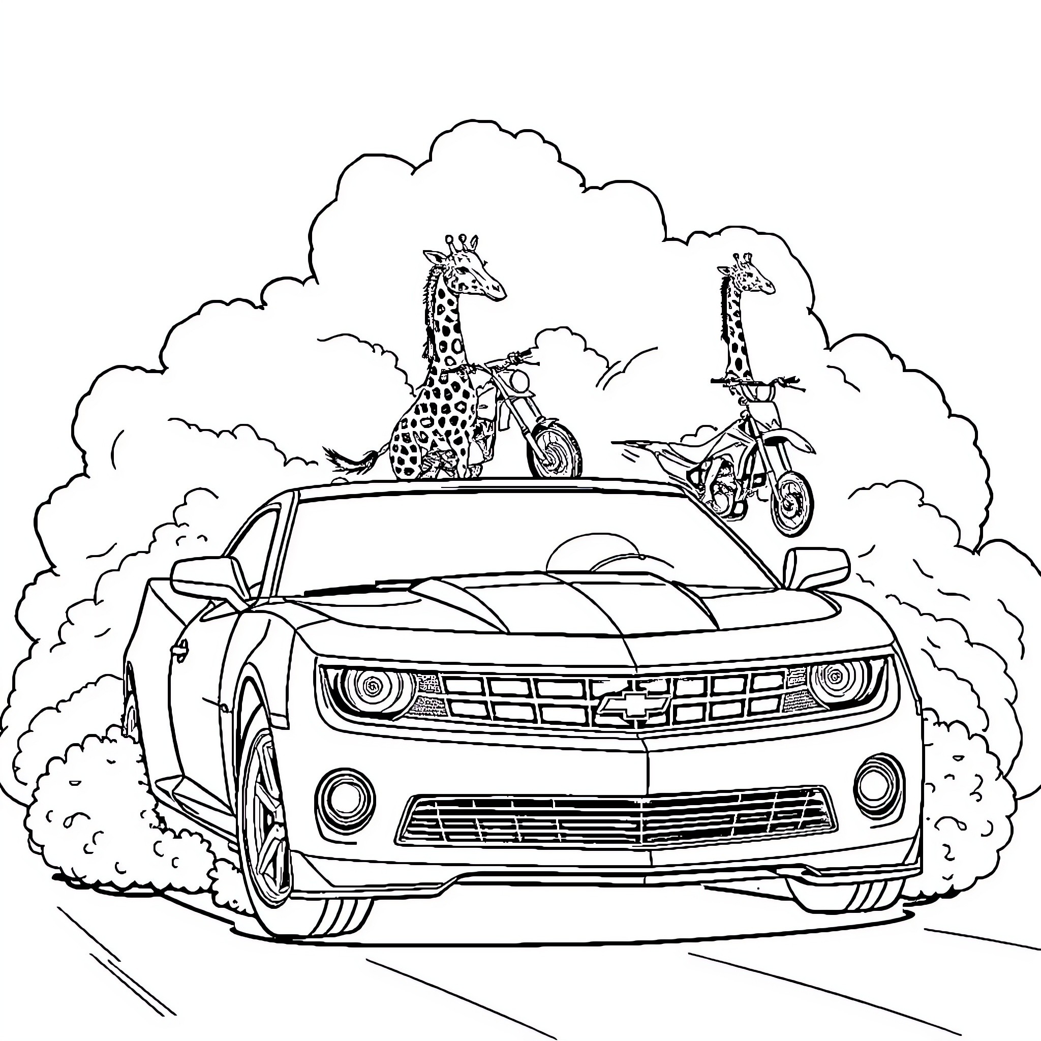 Camaro with Giraffe and Motorcycle Companions Coloring Page (free black-and-white line drawing printable PDF for all, from beginners to advanced learners, including children, teens, adults, and seniors)