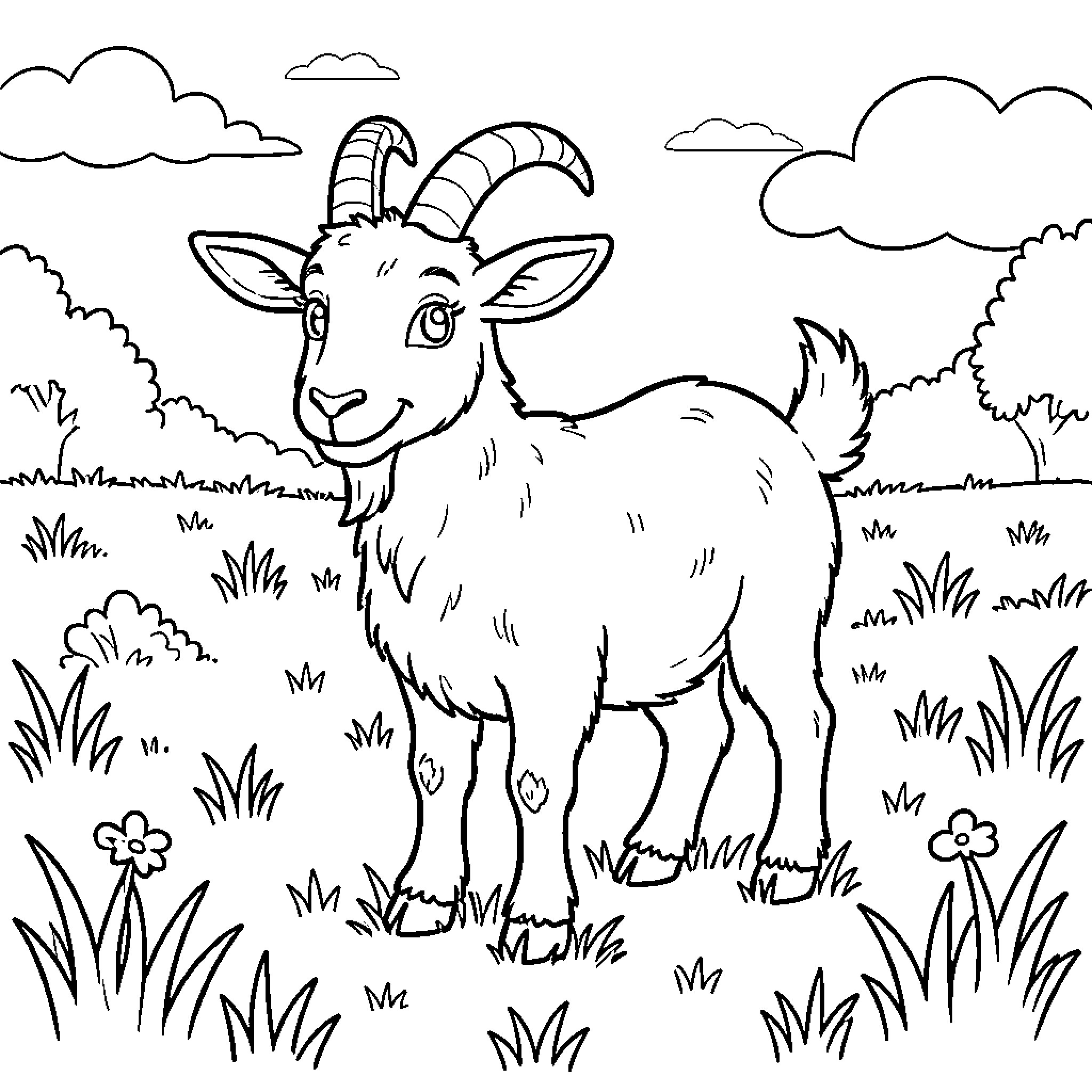 Goat in a serene meadow Coloring Page (free black-and-white line drawing printable PDF for all, from beginners to advanced learners, including children, teens, adults, and seniors)