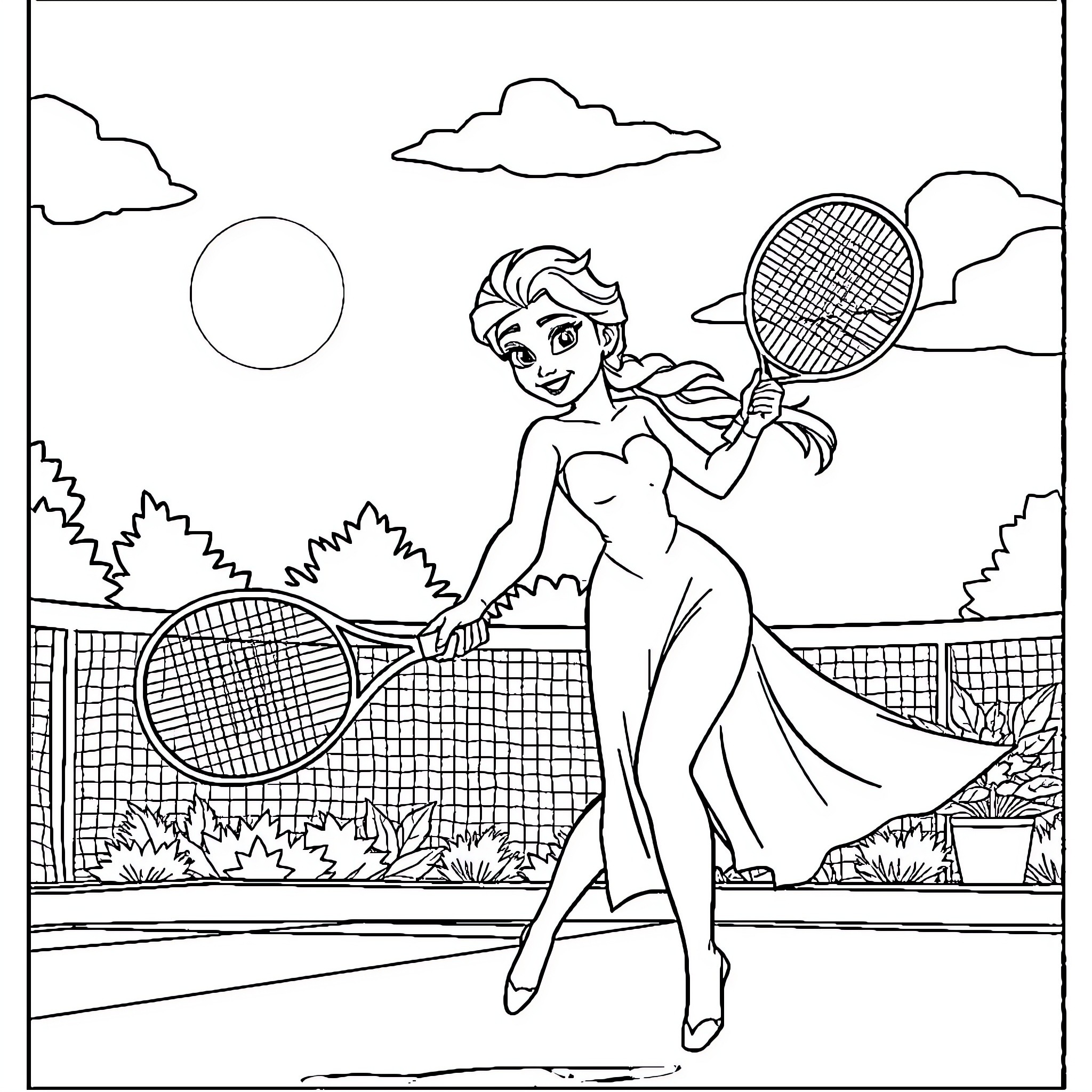 Elsa Playing Tennis on the Court Coloring Page (free black-and-white line drawing printable PDF for all, from beginners to advanced learners, including children, teens, adults, and seniors)