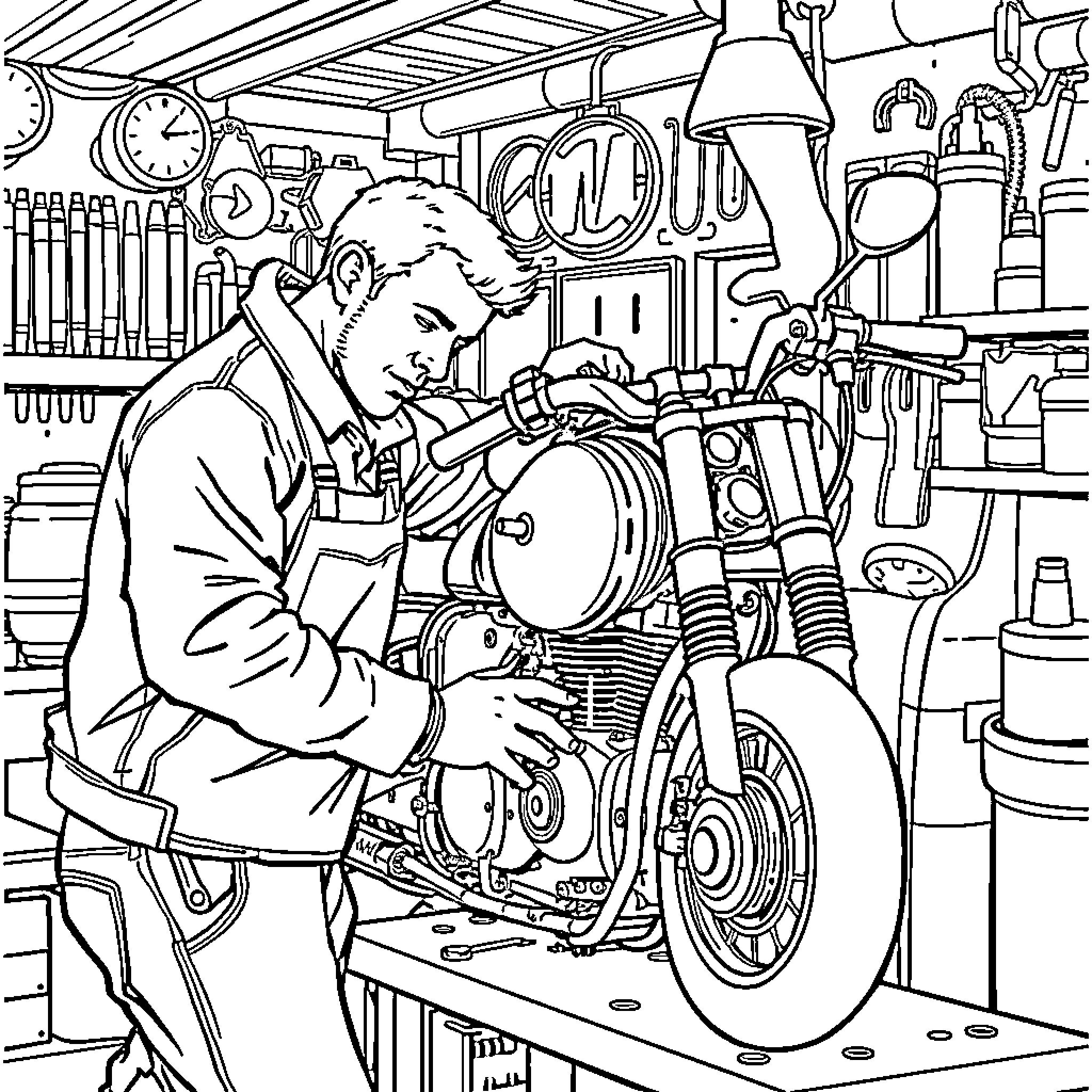 Moto Mechanic Repairing Motorcycle in Garage Coloring Page (free black-and-white line drawing printable PDF for all, from beginners to advanced learners, including children, teens, adults, and seniors)