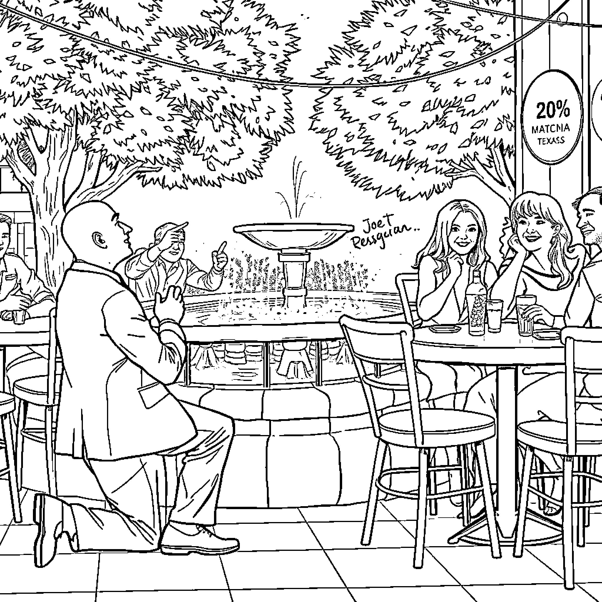 Proposal for a Romantic Date at an Outdoor Cafe Coloring Page (free black-and-white line drawing printable PDF for all, from beginners to advanced learners, including children, teens, adults, and seniors)