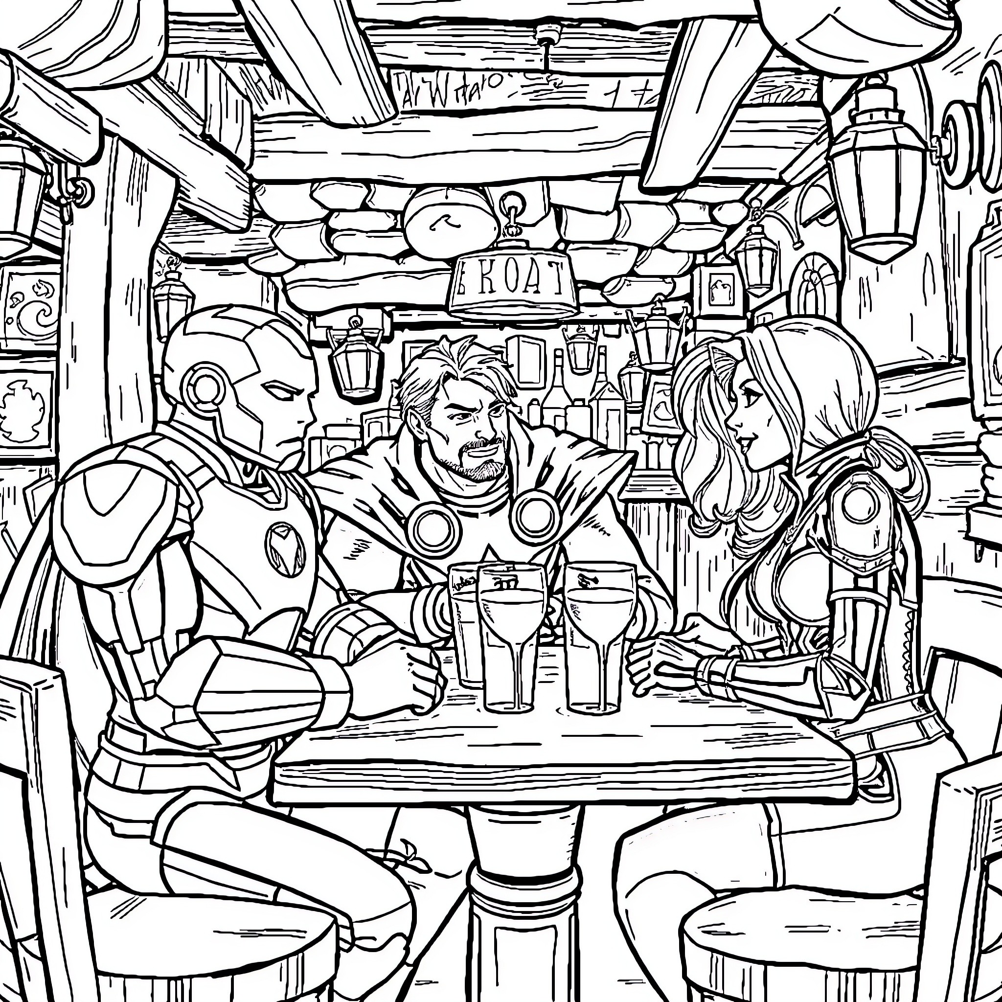 Marvel Characters Relaxing at a Bar Coloring Page (free black-and-white line drawing printable PDF for all, from beginners to advanced learners, including children, teens, adults, and seniors)