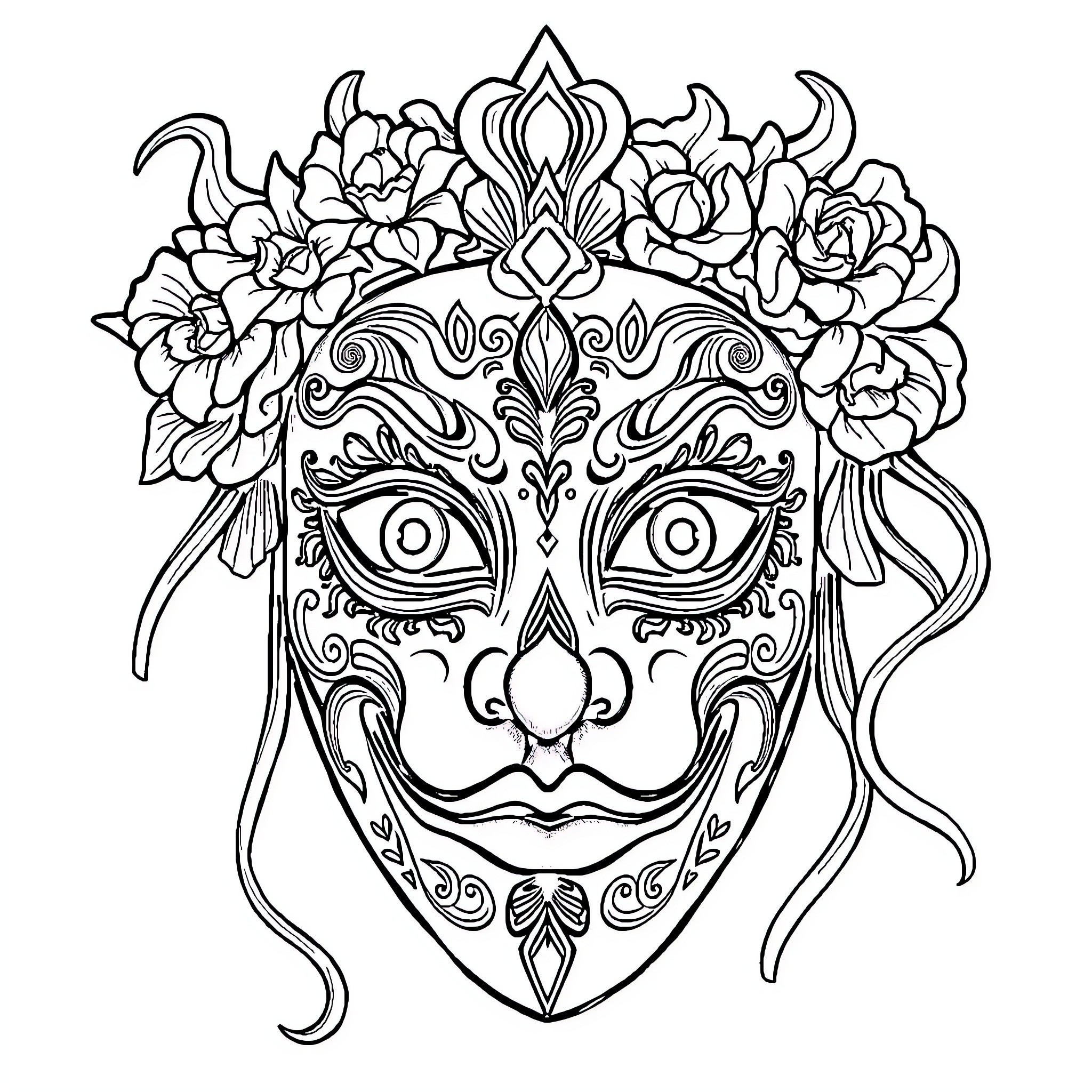 Mask with Ornate Floral Design Coloring Page (free black-and-white line drawing printable PDF for all, from beginners to advanced learners, including children, teens, adults, and seniors)