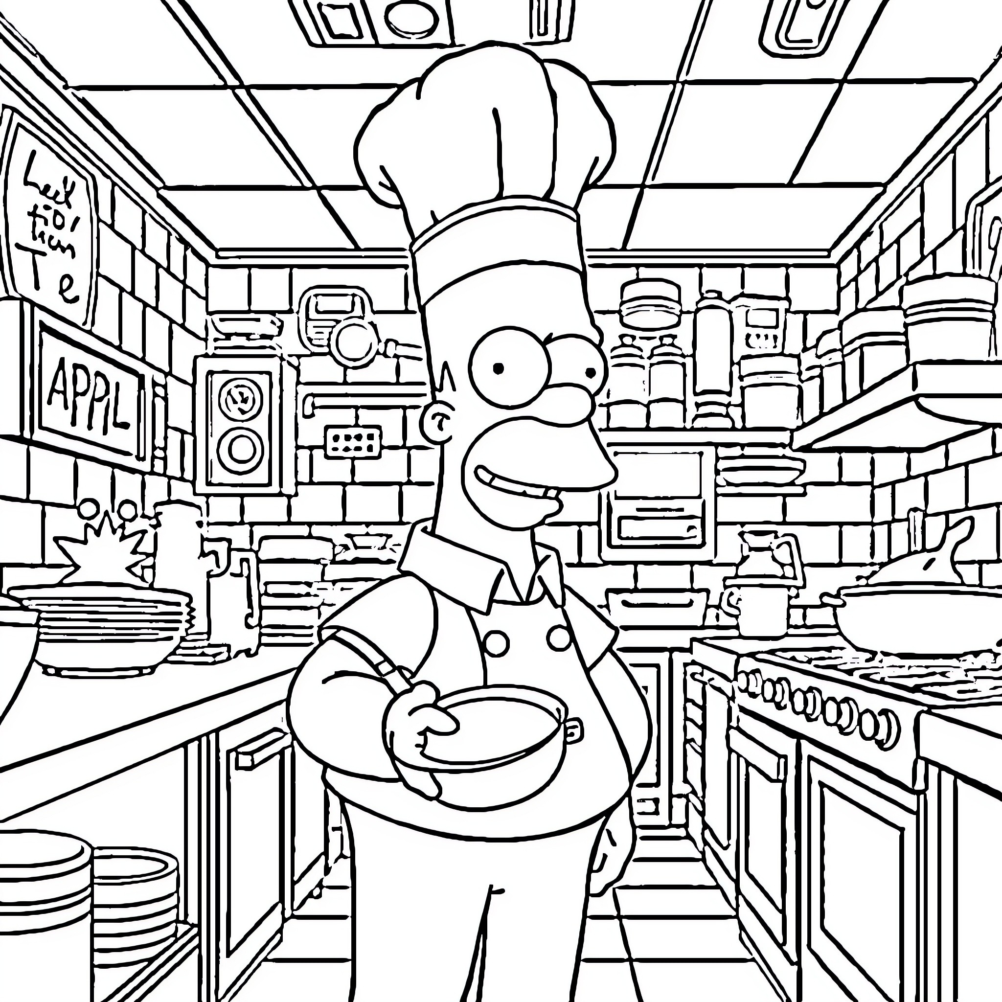 Homer Simpson as a chef in a busy kitchen Coloring Page (free black-and-white line drawing printable PDF for all, from beginners to advanced learners, including children, teens, adults, and seniors)