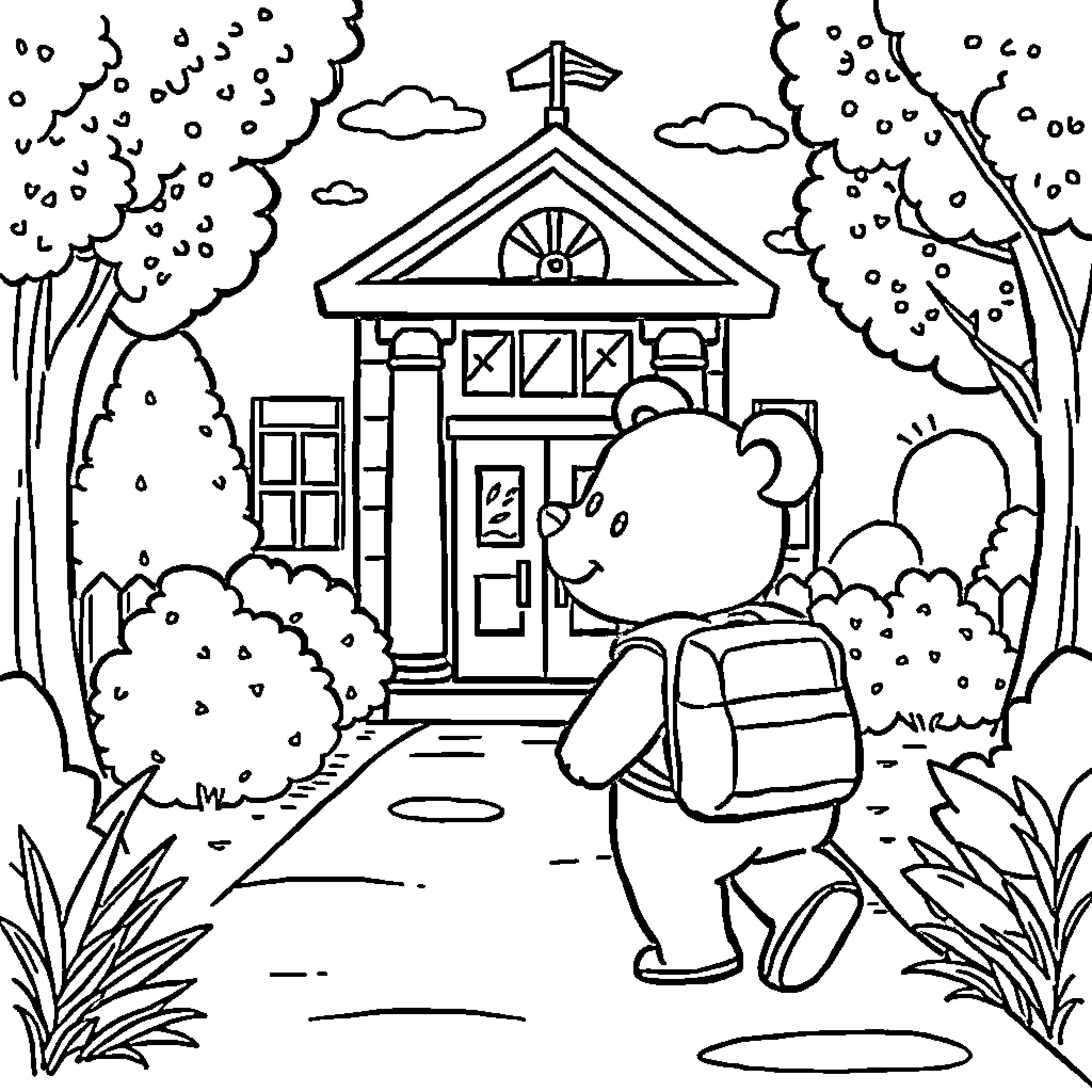 Bear Heading to School on a Rainy Day Coloring Page (free black-and-white line drawing printable PDF for all, from beginners to advanced learners, including children, teens, adults, and seniors)