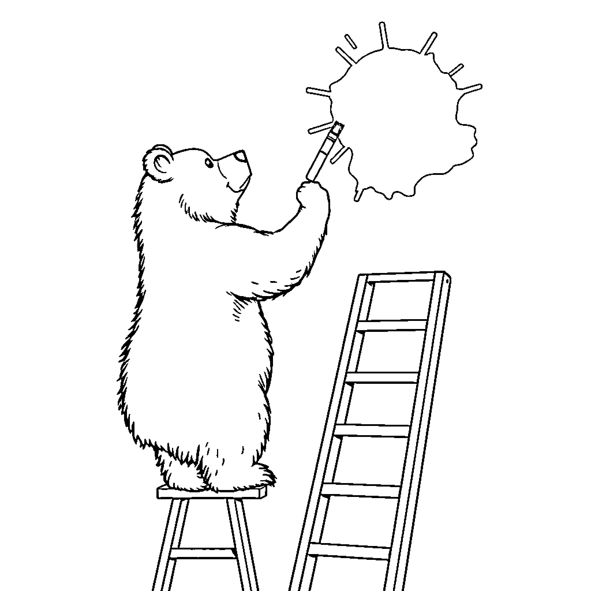 Bear climbing a ladder to reach the sun Coloring Page (free black-and-white line drawing printable PDF for all, from beginners to advanced learners, including children, teens, adults, and seniors)